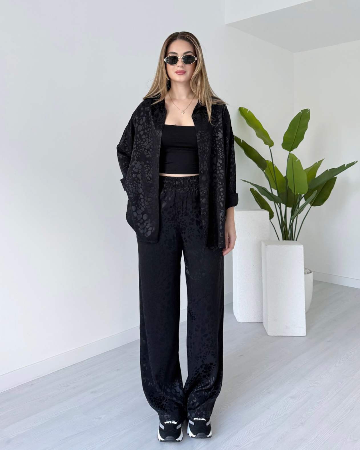 Leopar Desenli Saten Takım - Siyah