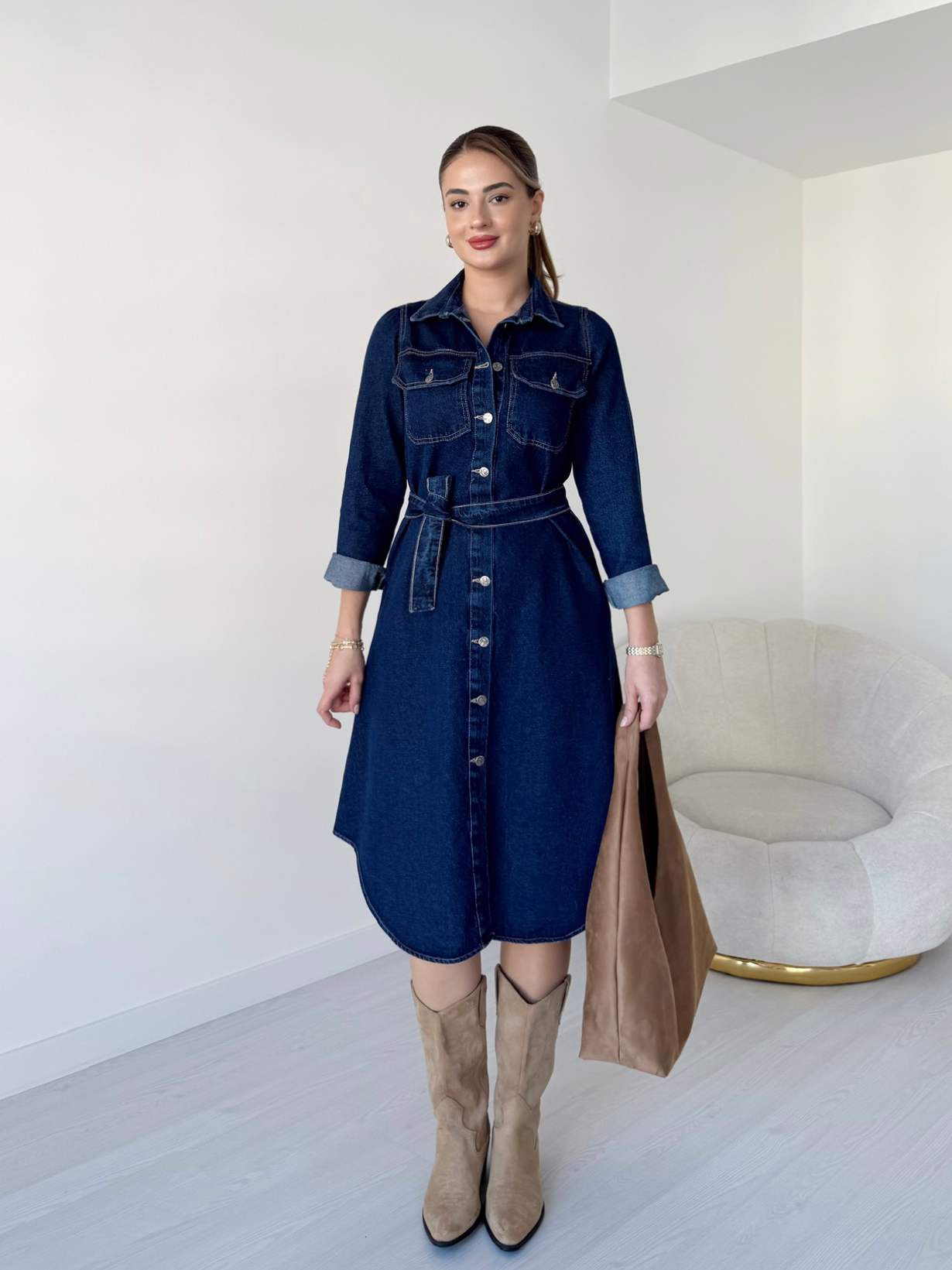 Uzun Kollu Kuşaklı Denim Elbise