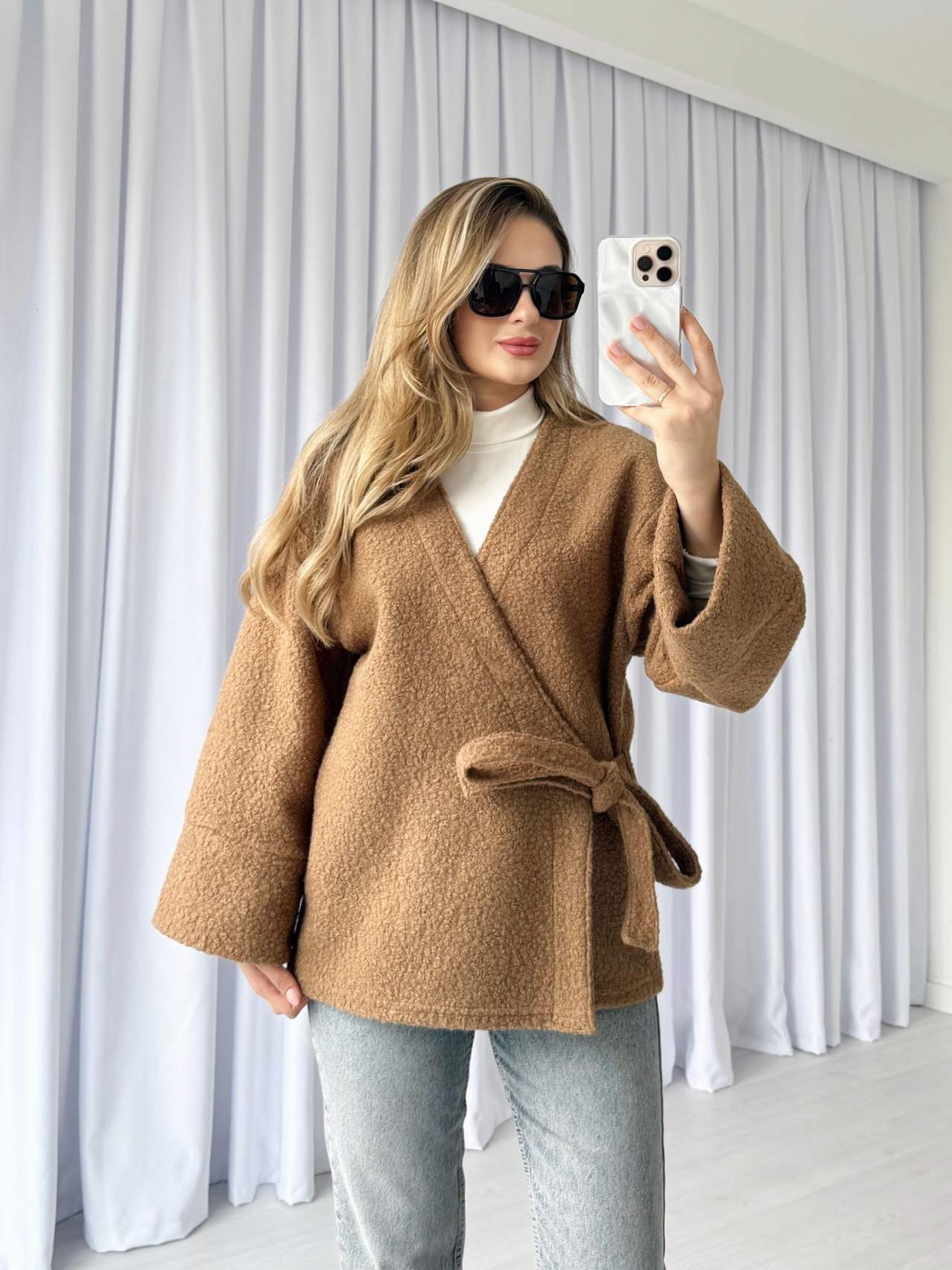 Yandan Bağlamalı Buklet Ceket - Camel