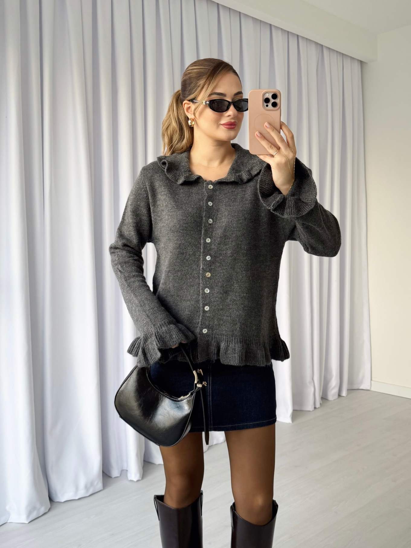 Fırfırlı Önü Düğmeli Kazak - Antrasit