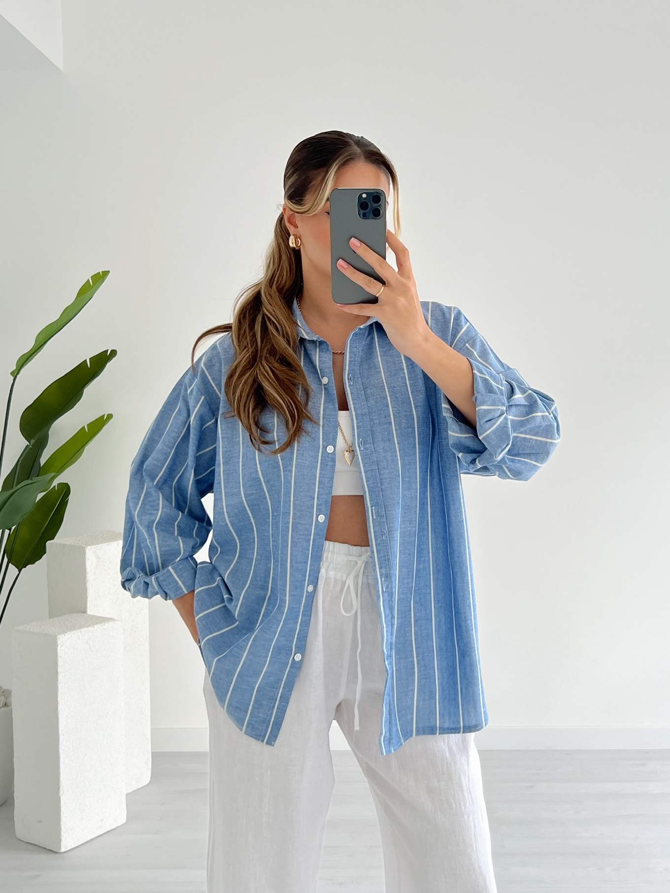 Çizgili Oversize Gömlek - Açık Mavi