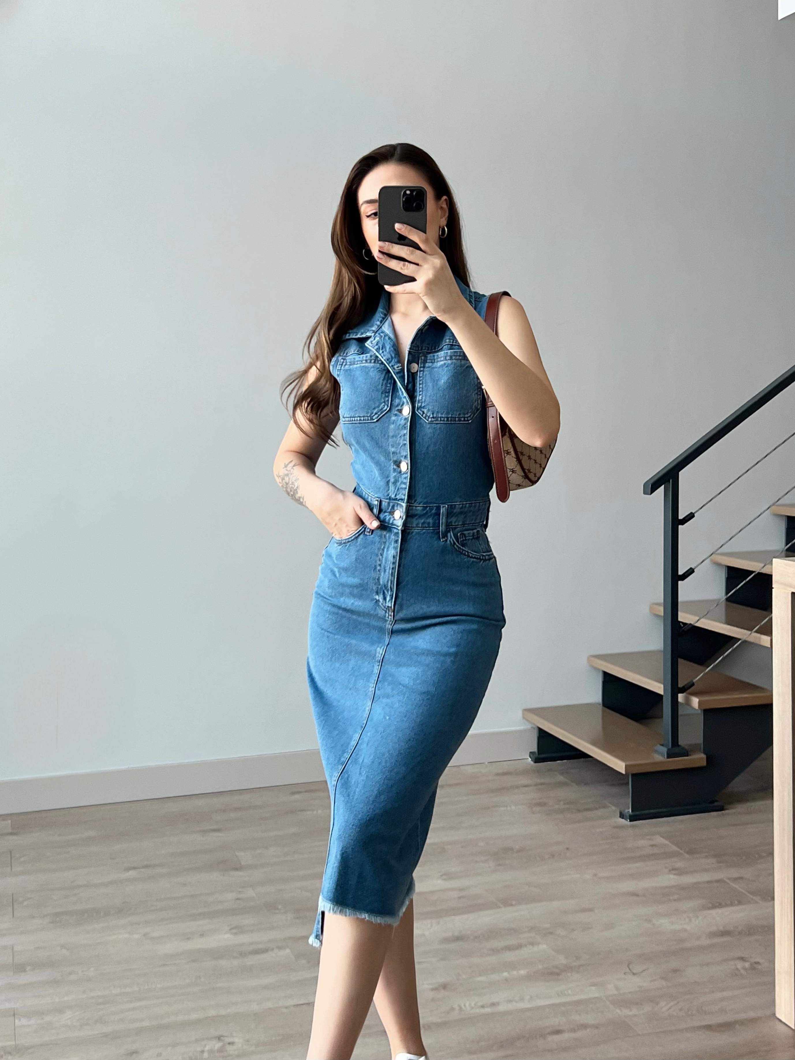 Eteği Püsküllü Denim Elbise