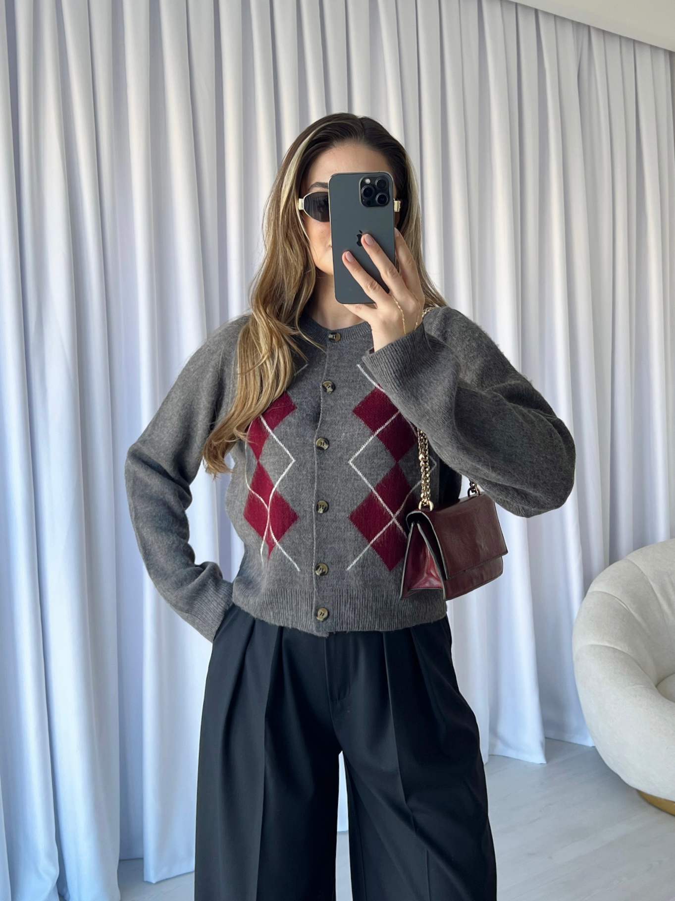 Baklava Desenli Triko Hırka