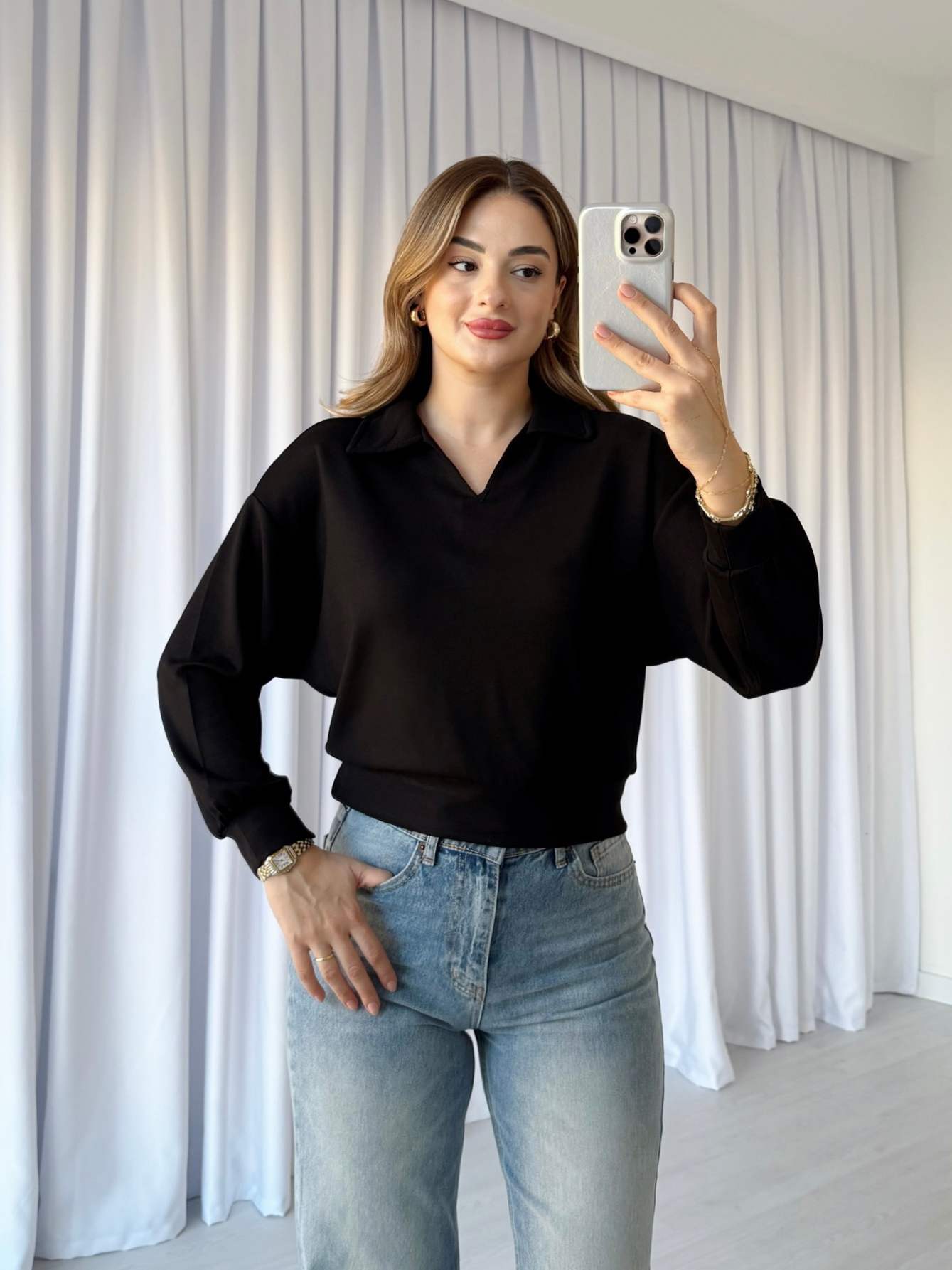 Modal Kumaş Yakalı Bluz - Siyah