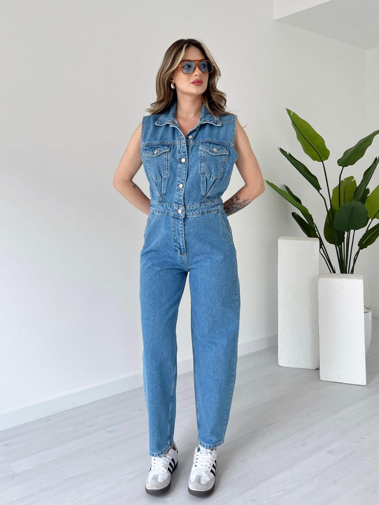 Cepli Denim Tulum - Açık Mavi
