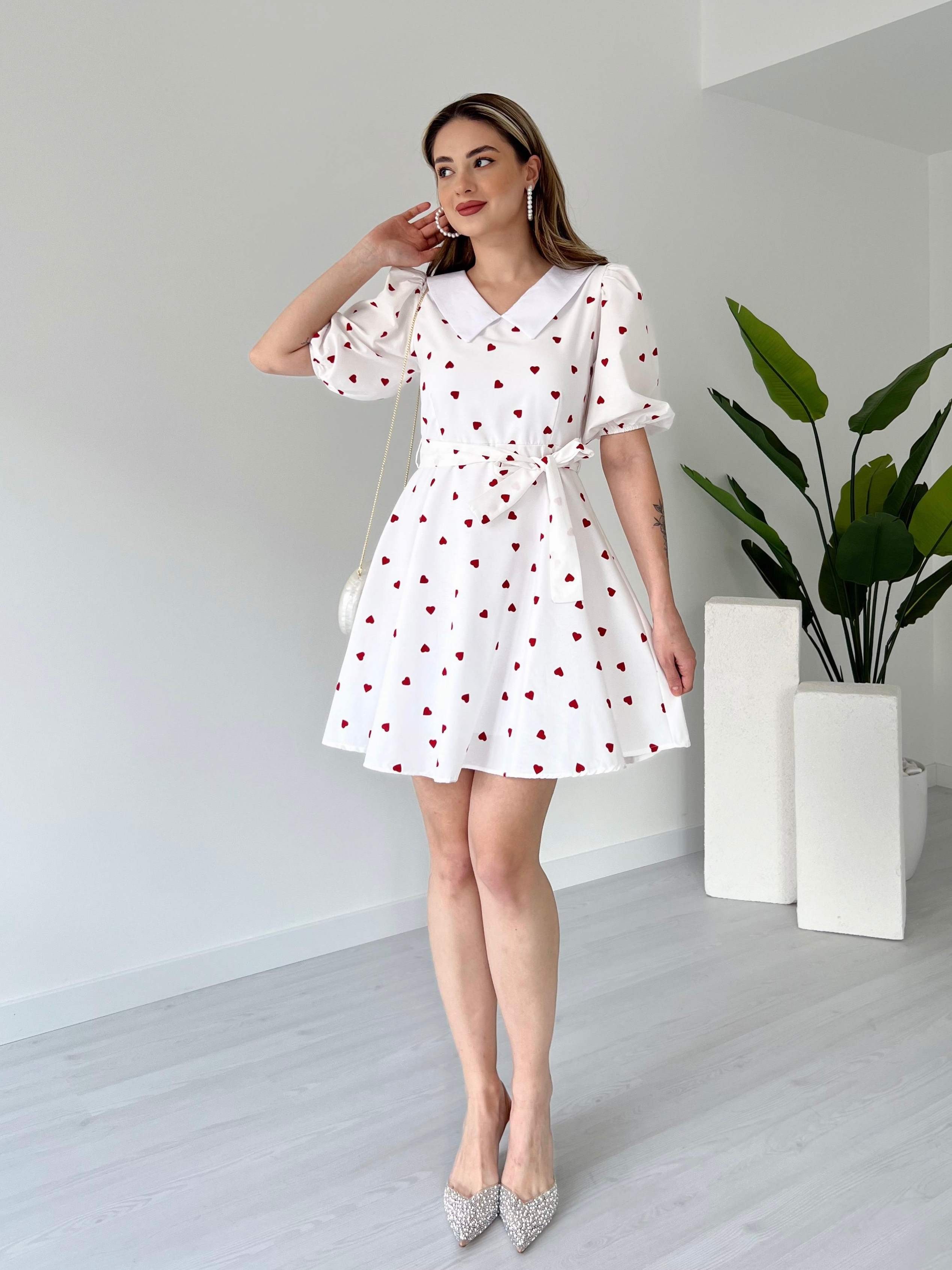 Bebe Yaka Desenli Poplin Elbise - Kalp Desenli
