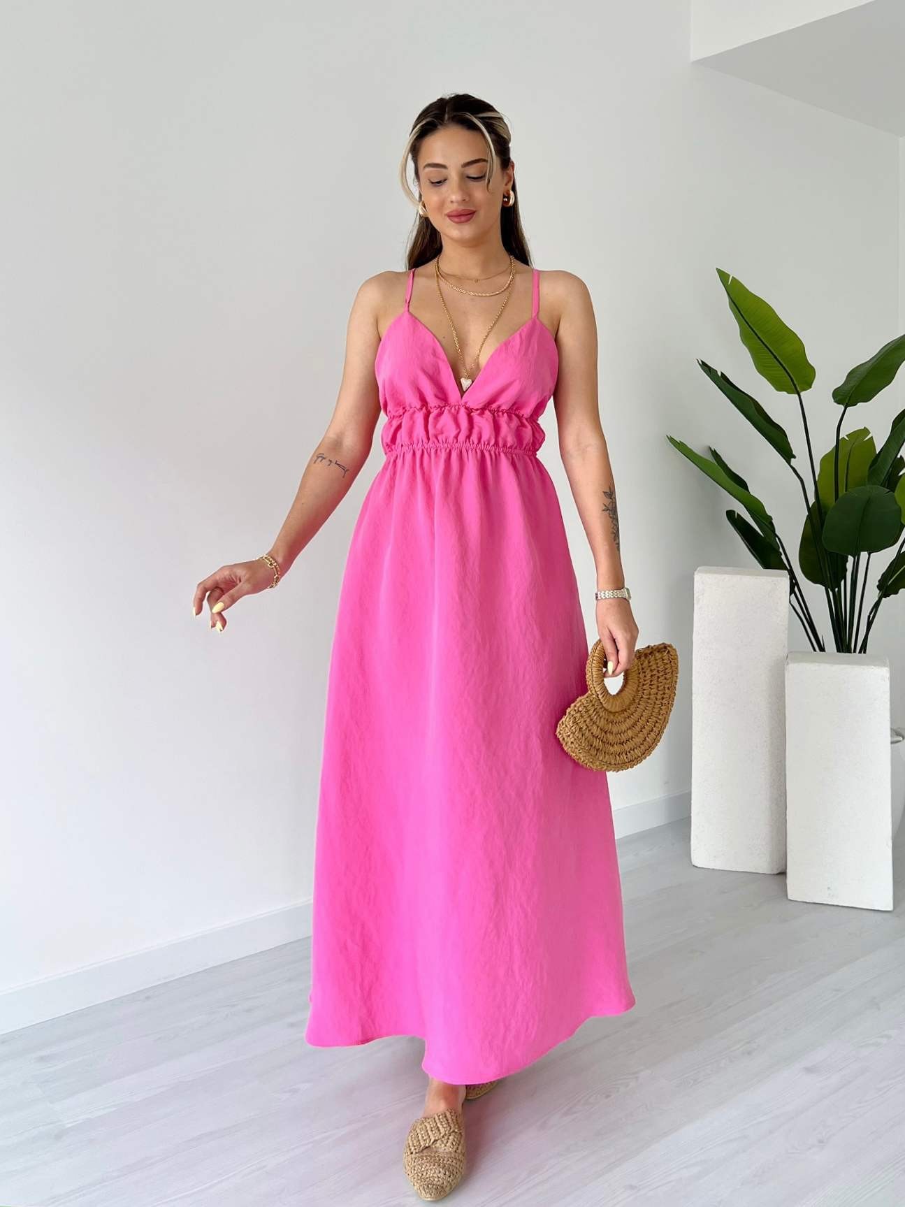 Sırt Detay Beli Gipeli Poplin Elbise - Pembe