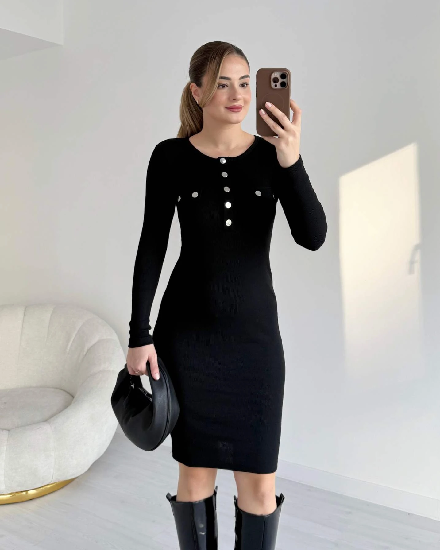 Düğme Detaylı Uzun Kol Penye Elbise