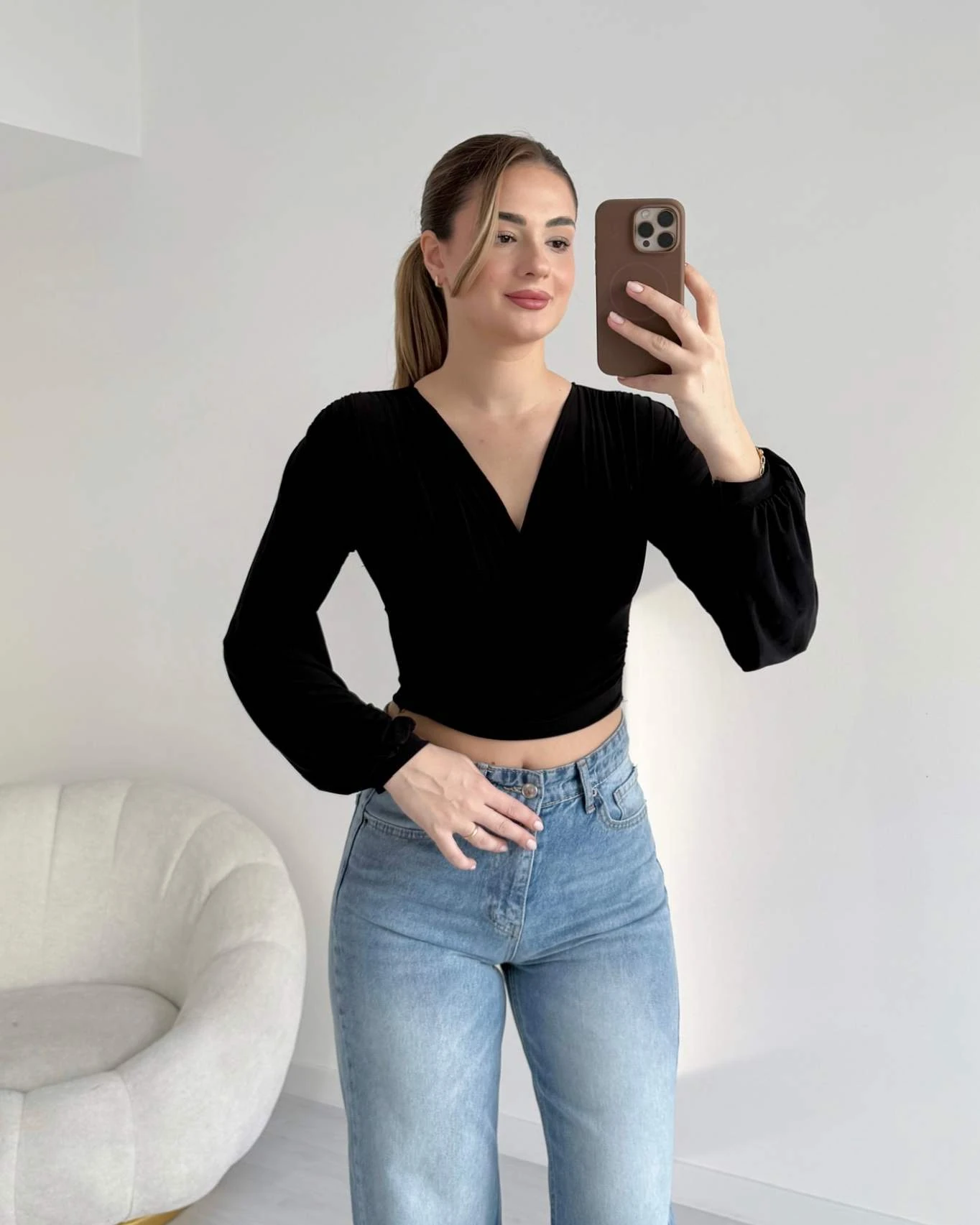 V Yaka Crop Bluz - Siyah