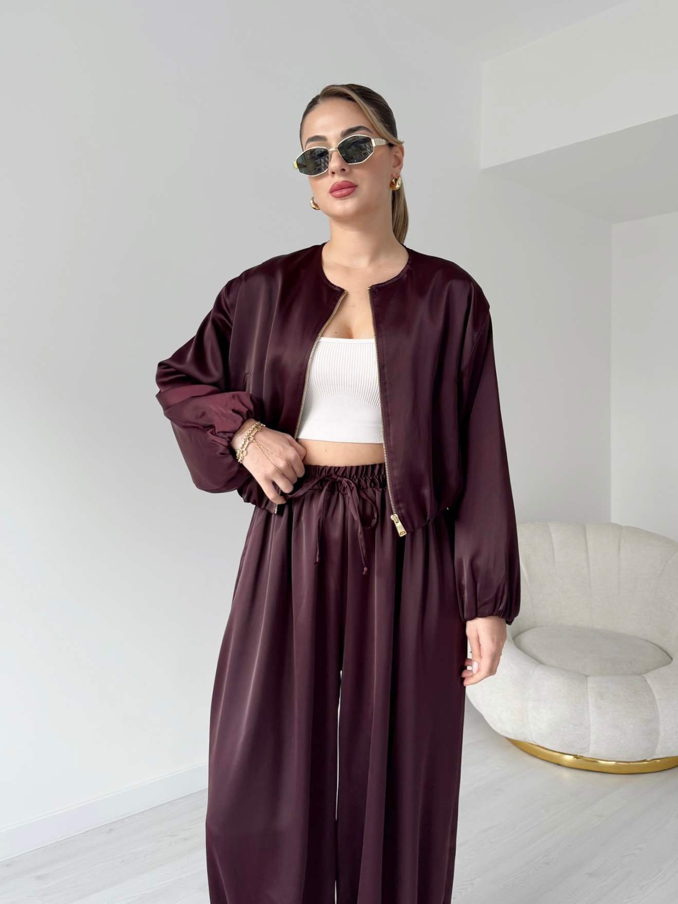 Saten Bomber-Şalvar İkili Takım