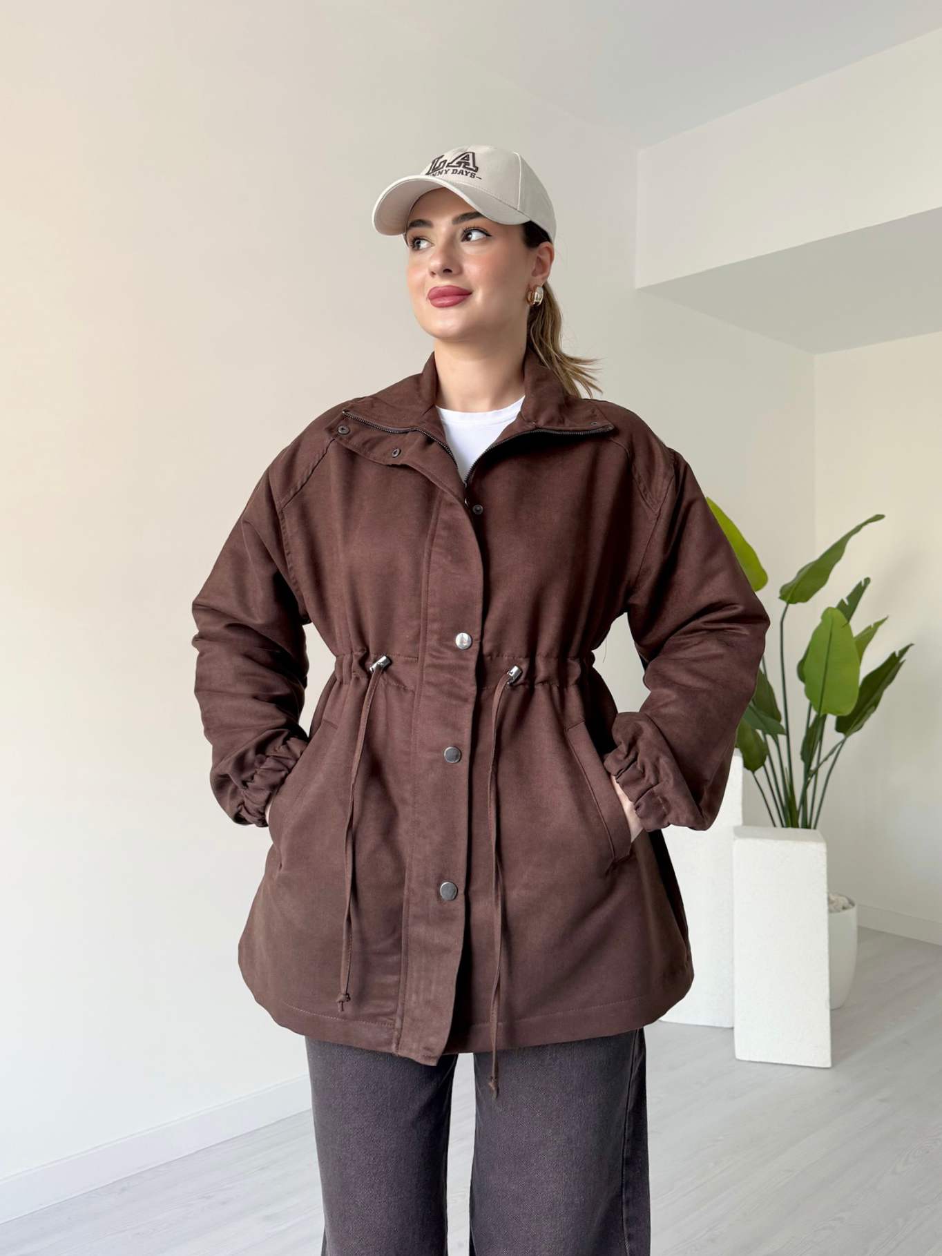 Acı Kahve Beli Büzgülü Süet Mont