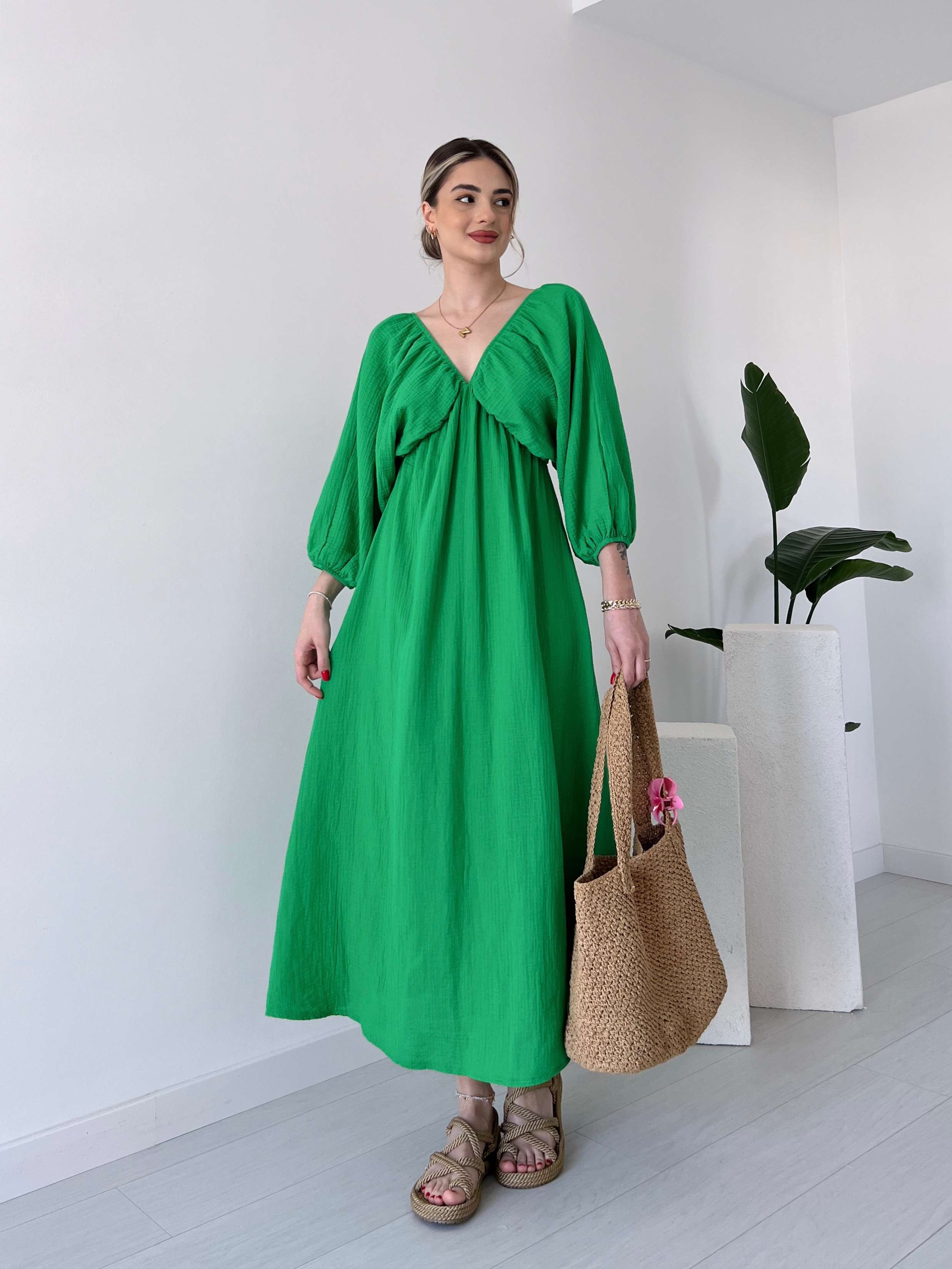 Müslin Kumaş Bohem Elbise  - Yeşil