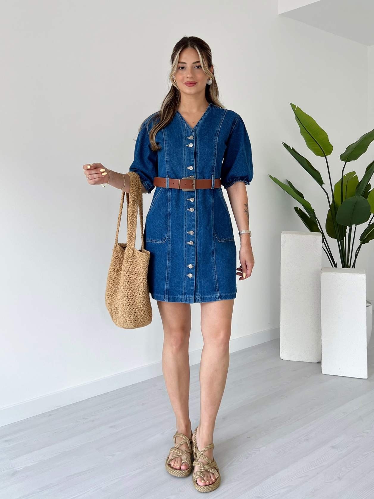 Karpuz Kol Kemerli Denim Elbise - Mavi