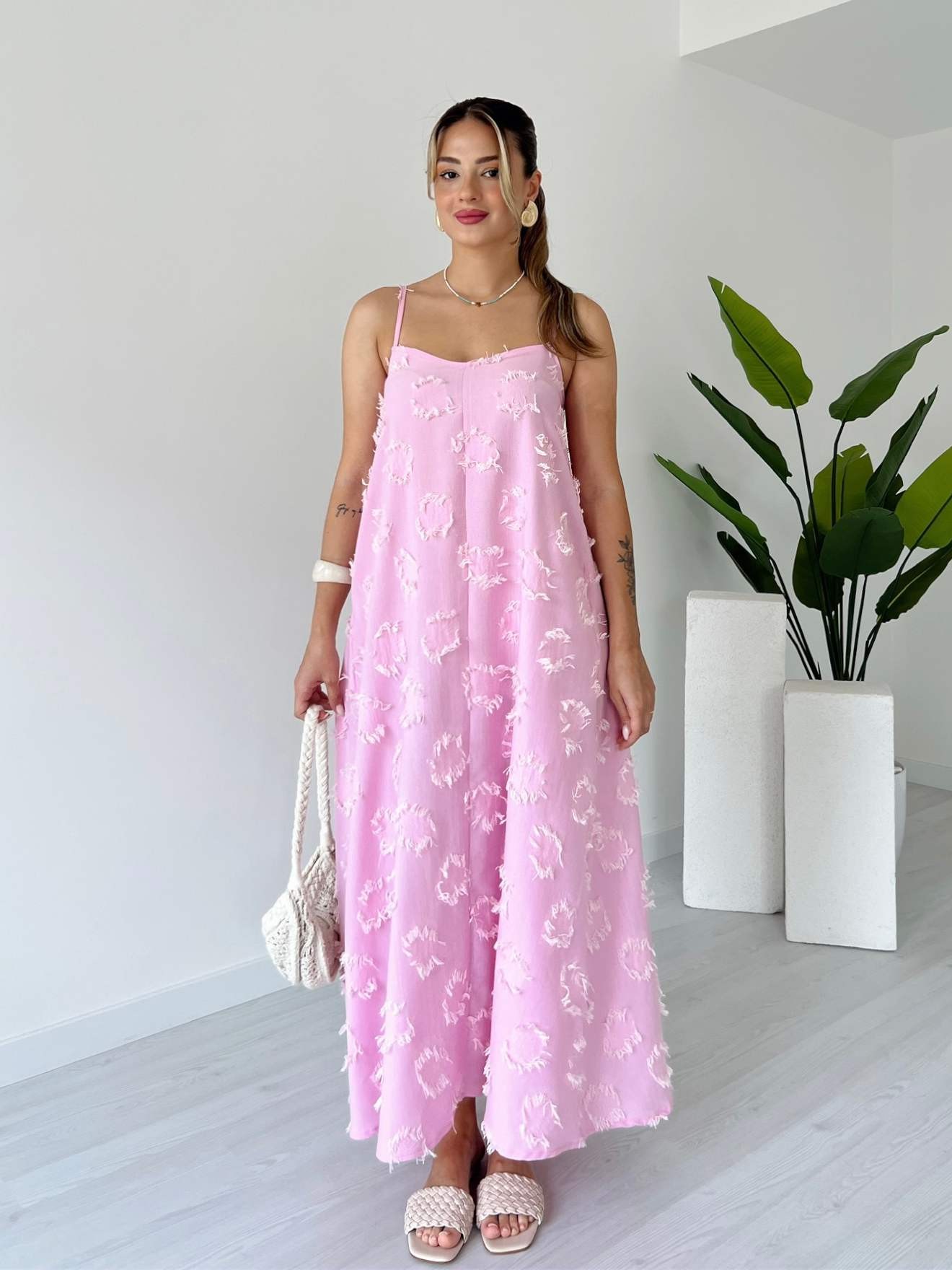 Püskül Detay Askılı Elbise - Pembe