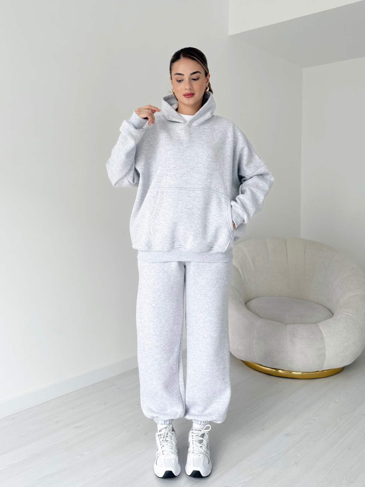 Üç İplik İçi Polarlı Oversize Eşofman Takımı - Gri Melanj