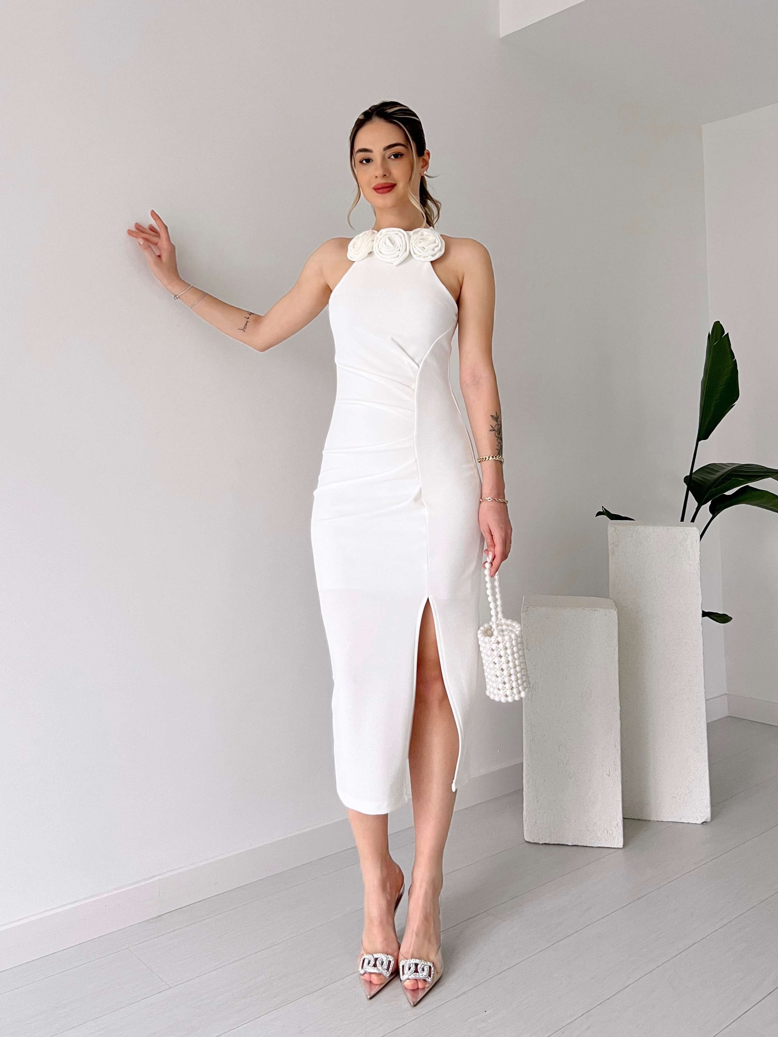 Çiçek Detaylı FERNANDO Elbise - Beyaz