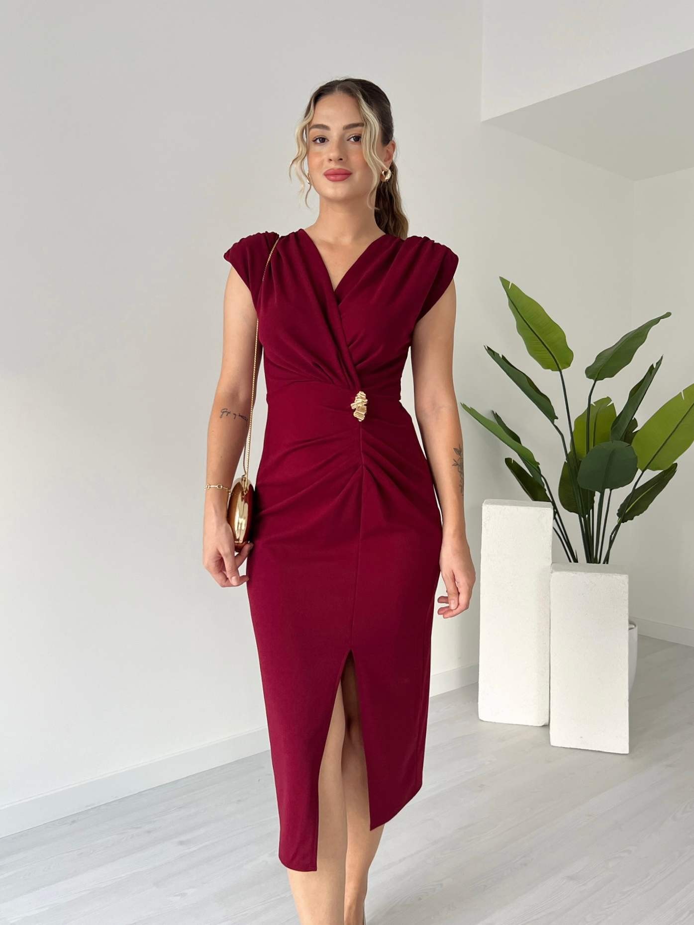 Broş Detaylı Kruvaze Yaka JERSEY Elbise - Bordo