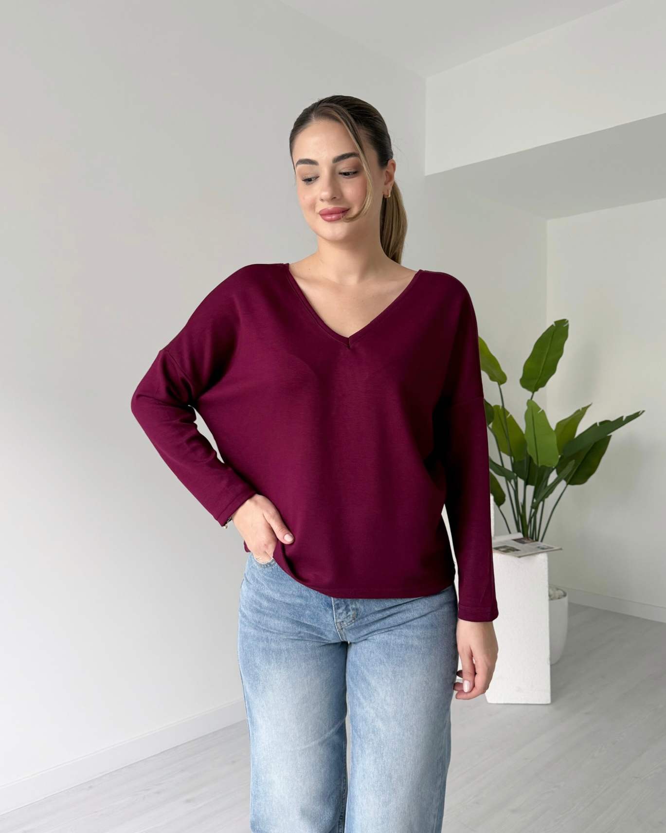 Ön Arka V Modal Bluz - Bordo