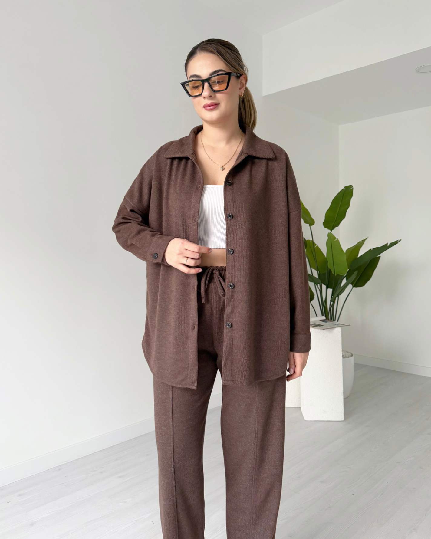 Kısa Paça Gömlekli Oversize Takım - Kahve