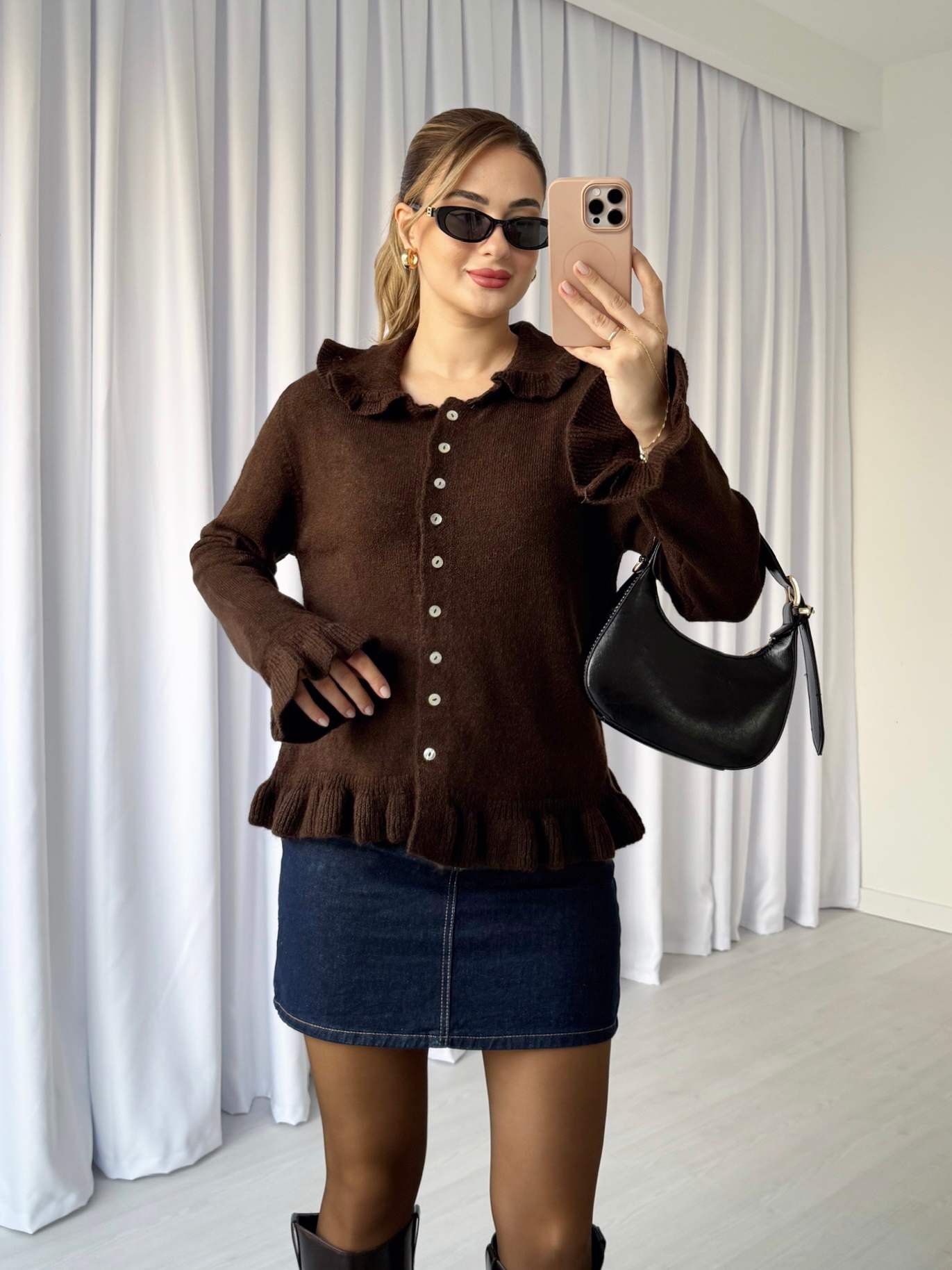 Fırfırlı Önü Düğmeli Kazak - Kahve