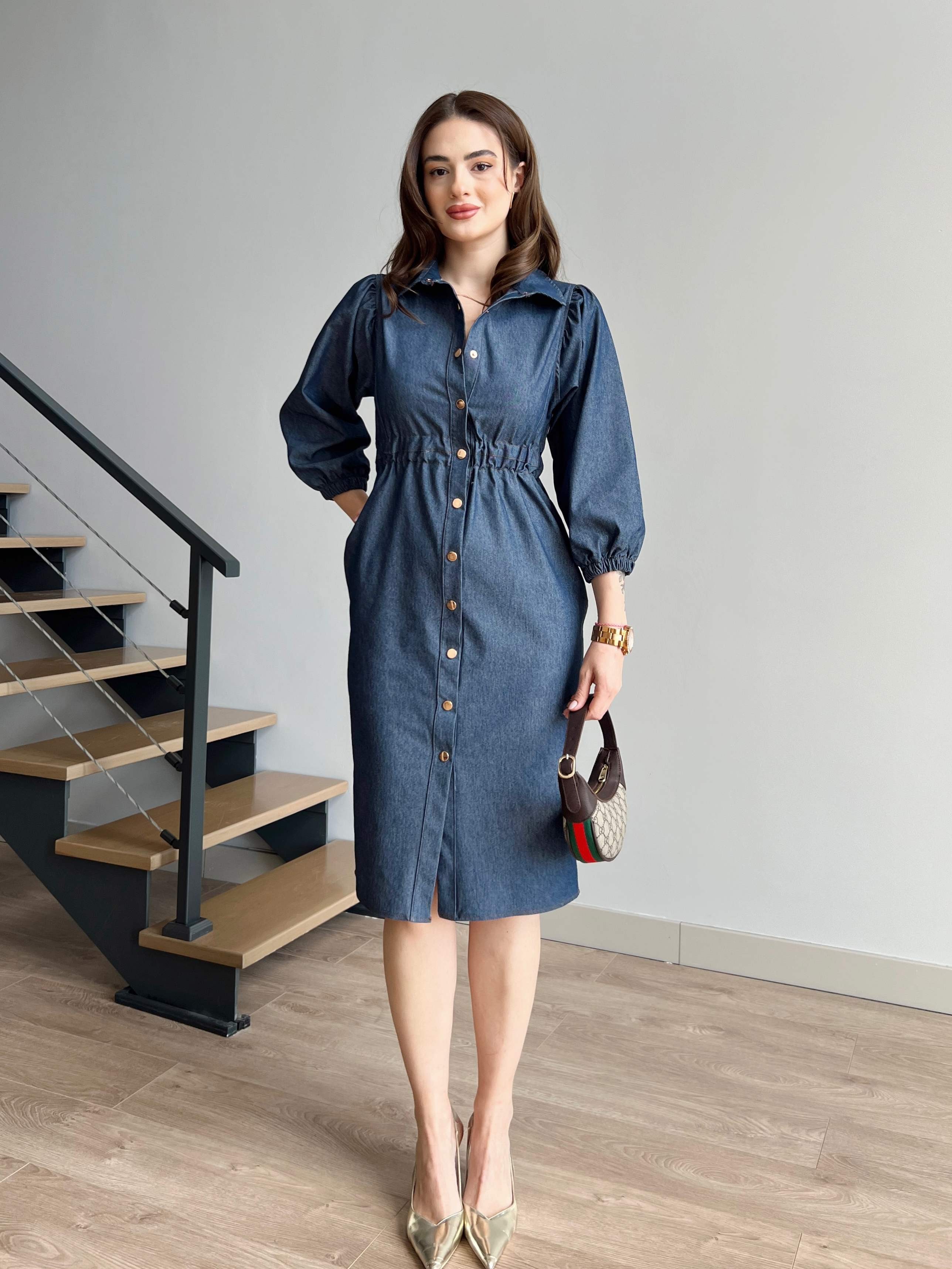 Beli Lastikli Çıtçıtlı Denim Elbise