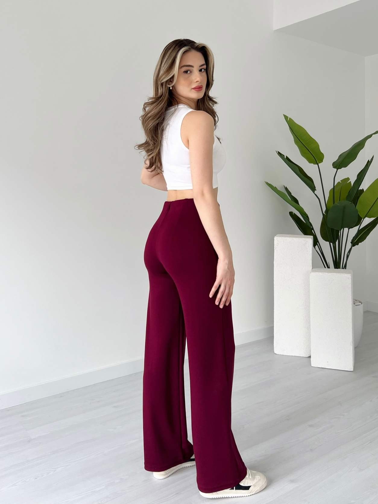Önü Çimalı Yüksek Bel Modal Pantolon - Bordo