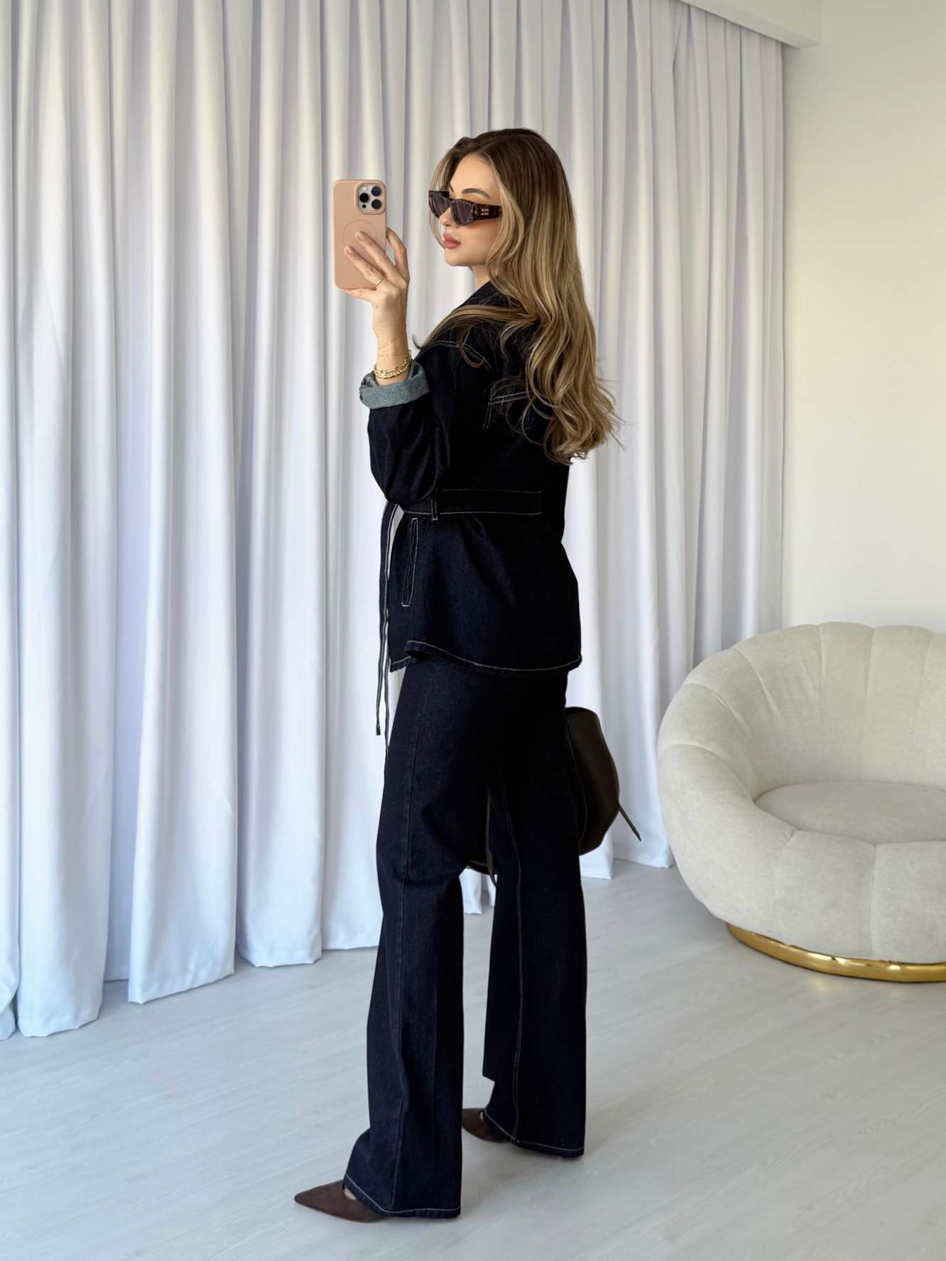 Kuşaklı Denim Ceket Pantolon Takım