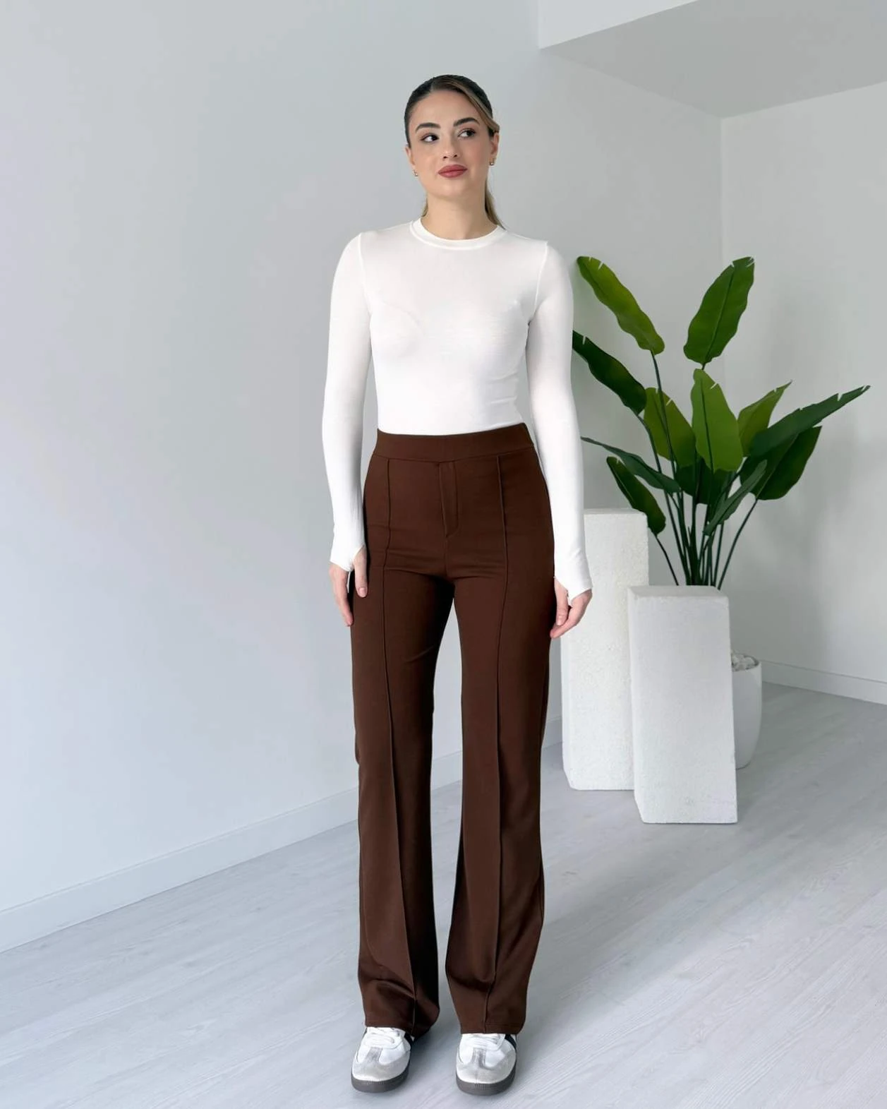 Yüksek Bel Çimalı Kumaş Pantolon - Kahve