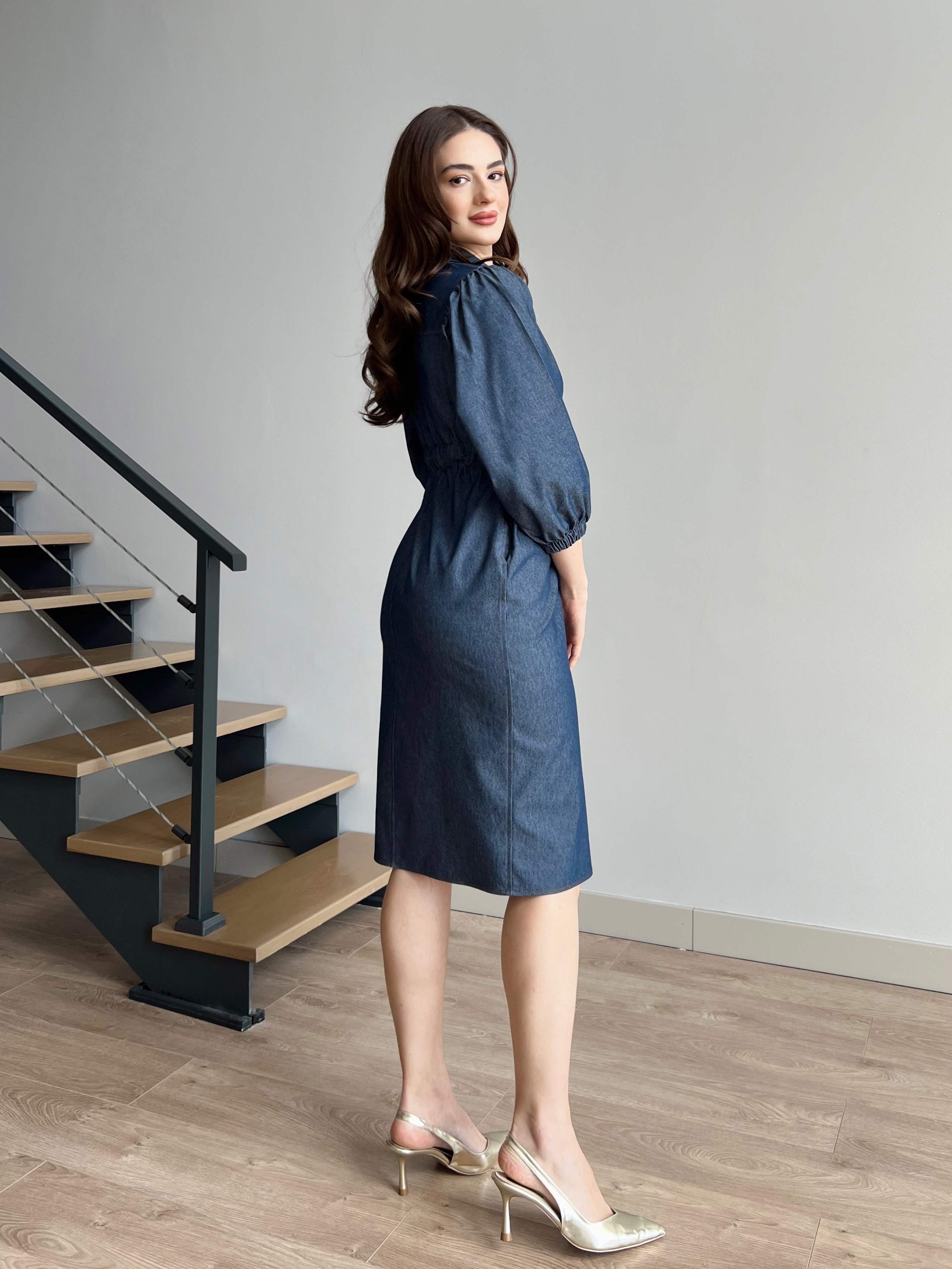 Beli Lastikli Çıtçıtlı Denim Elbise