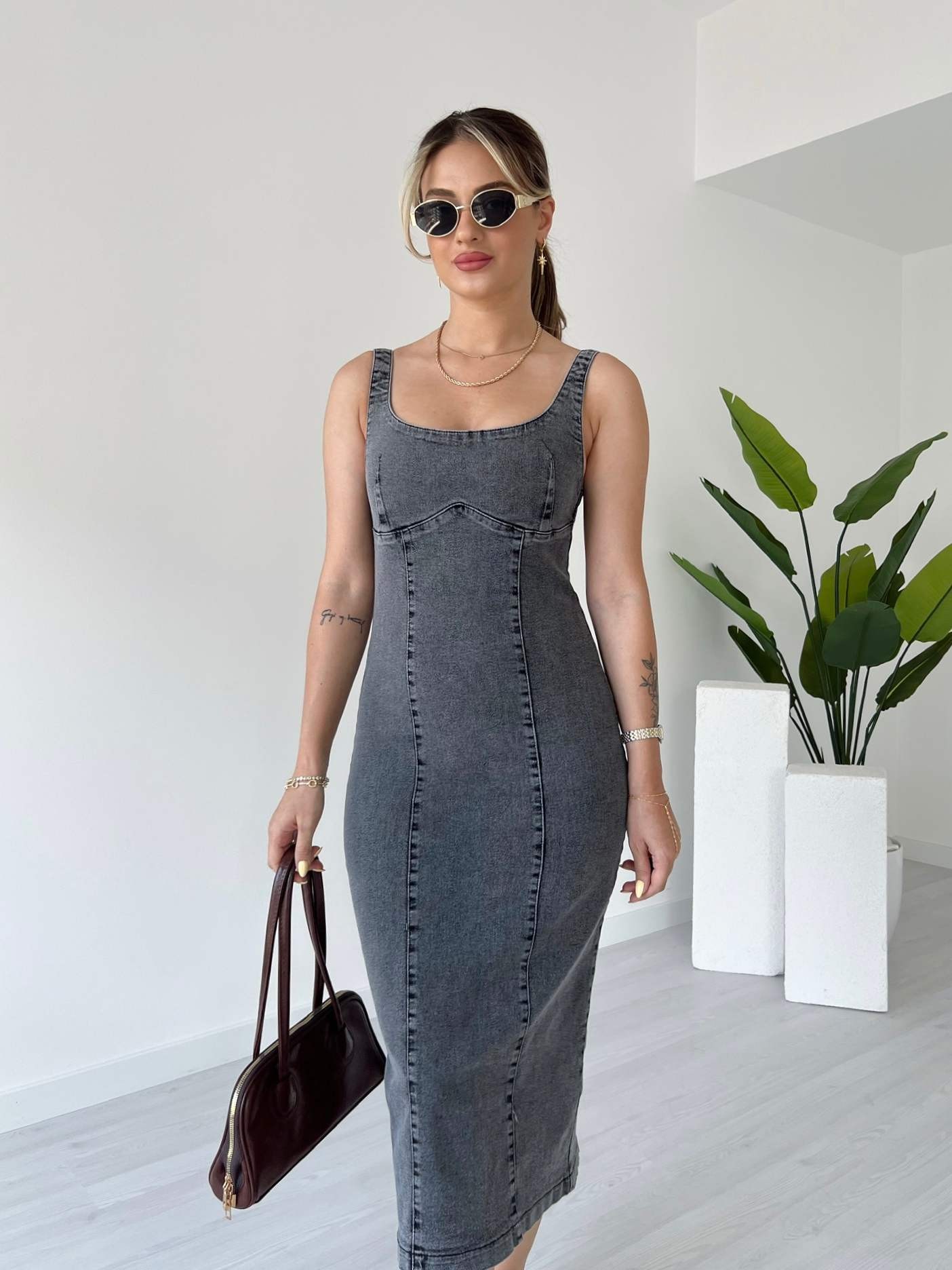 Likralı Sırt Fermuarlı Denim Elbise - Füme Eskitme Yıkama