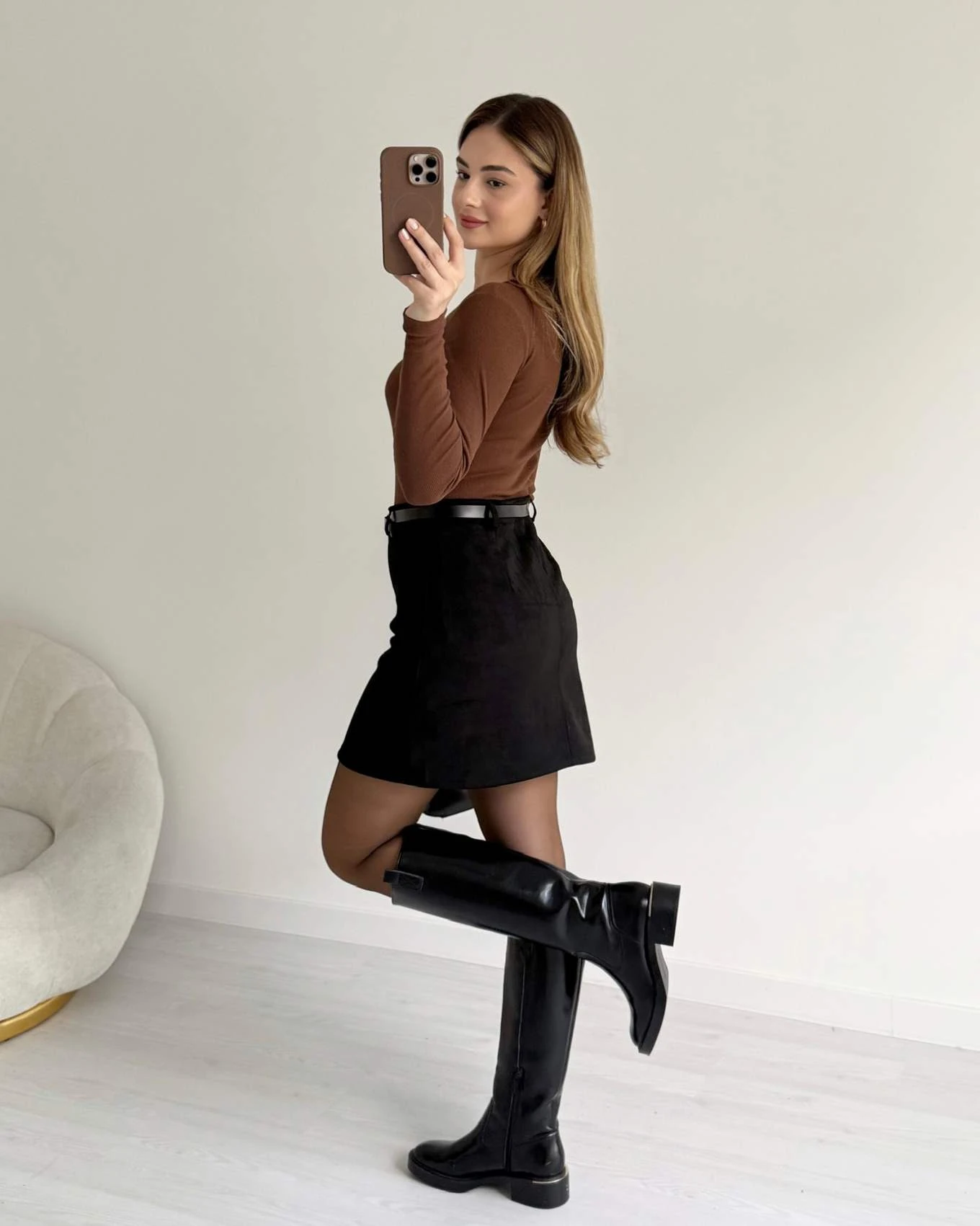 Kemerli Süet Etek - Siyah