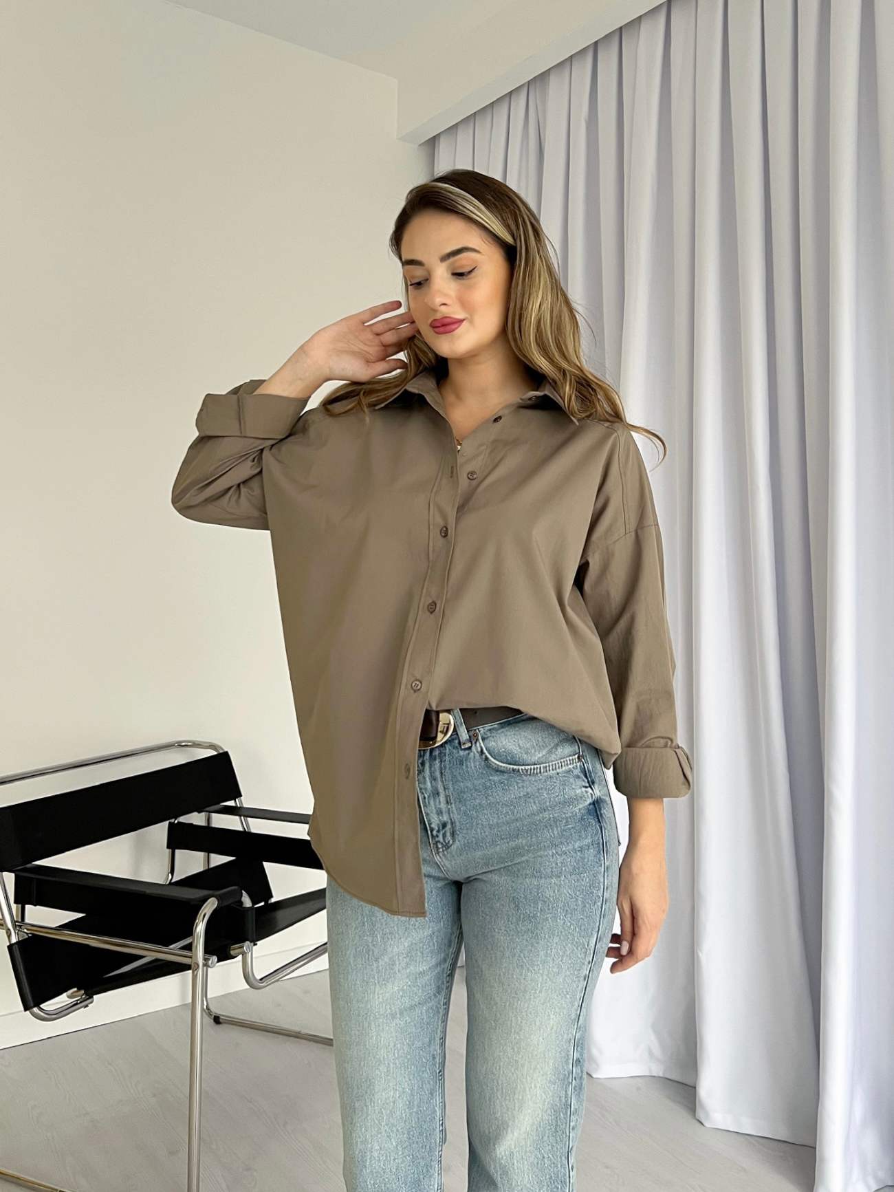Oversize Arkası Uzun Basic Poplin Gömlek - Haki