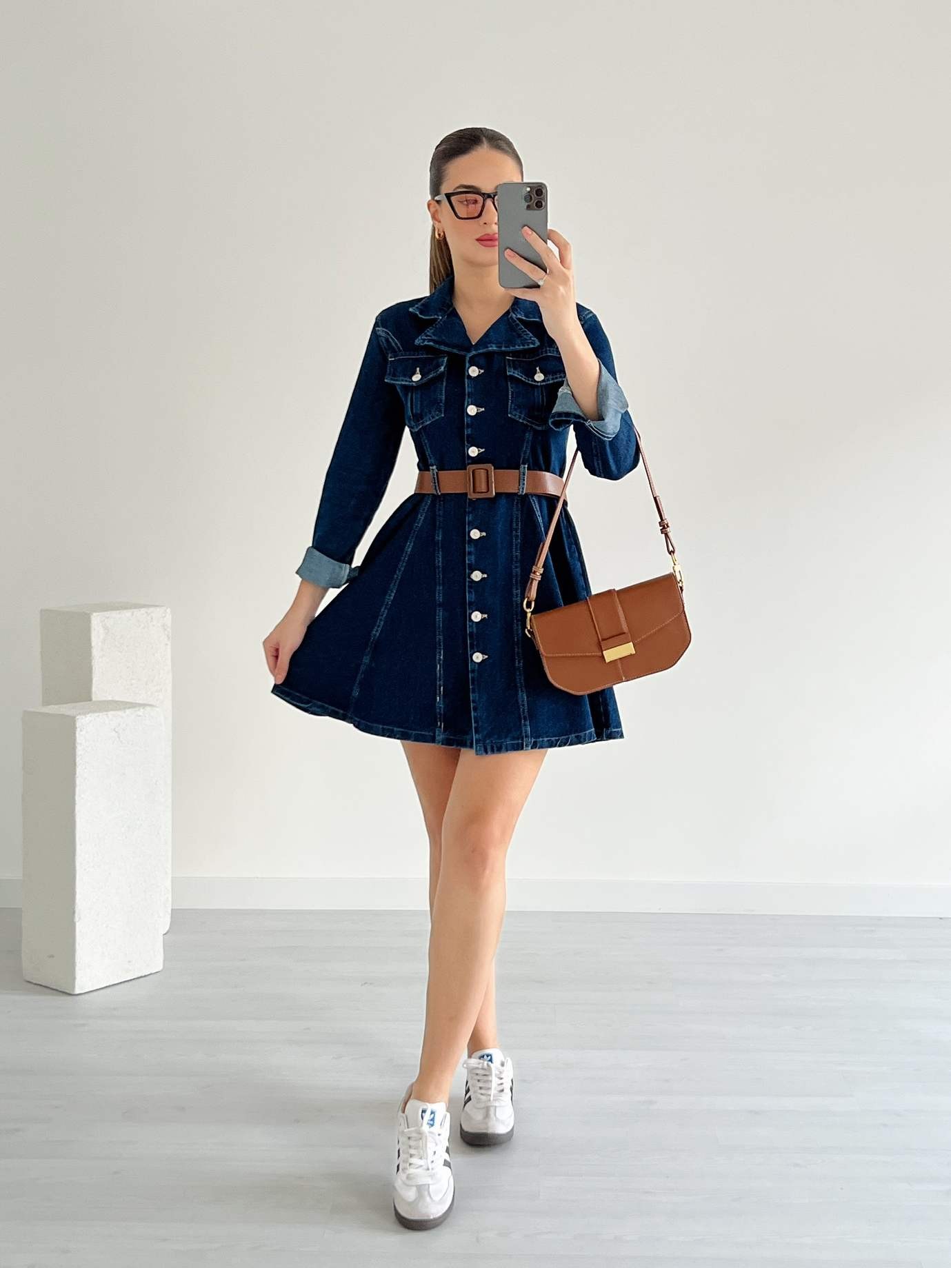 Uzun Kollu Eteği Kloş Denim Elbise