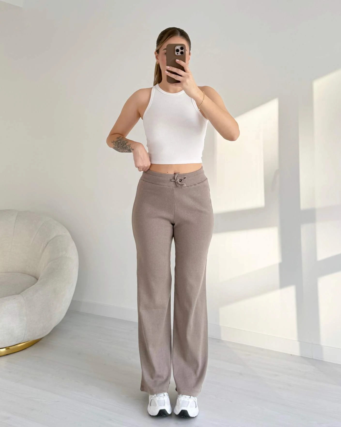 Bol Paça Fitilli Penye Pantolon - Bej