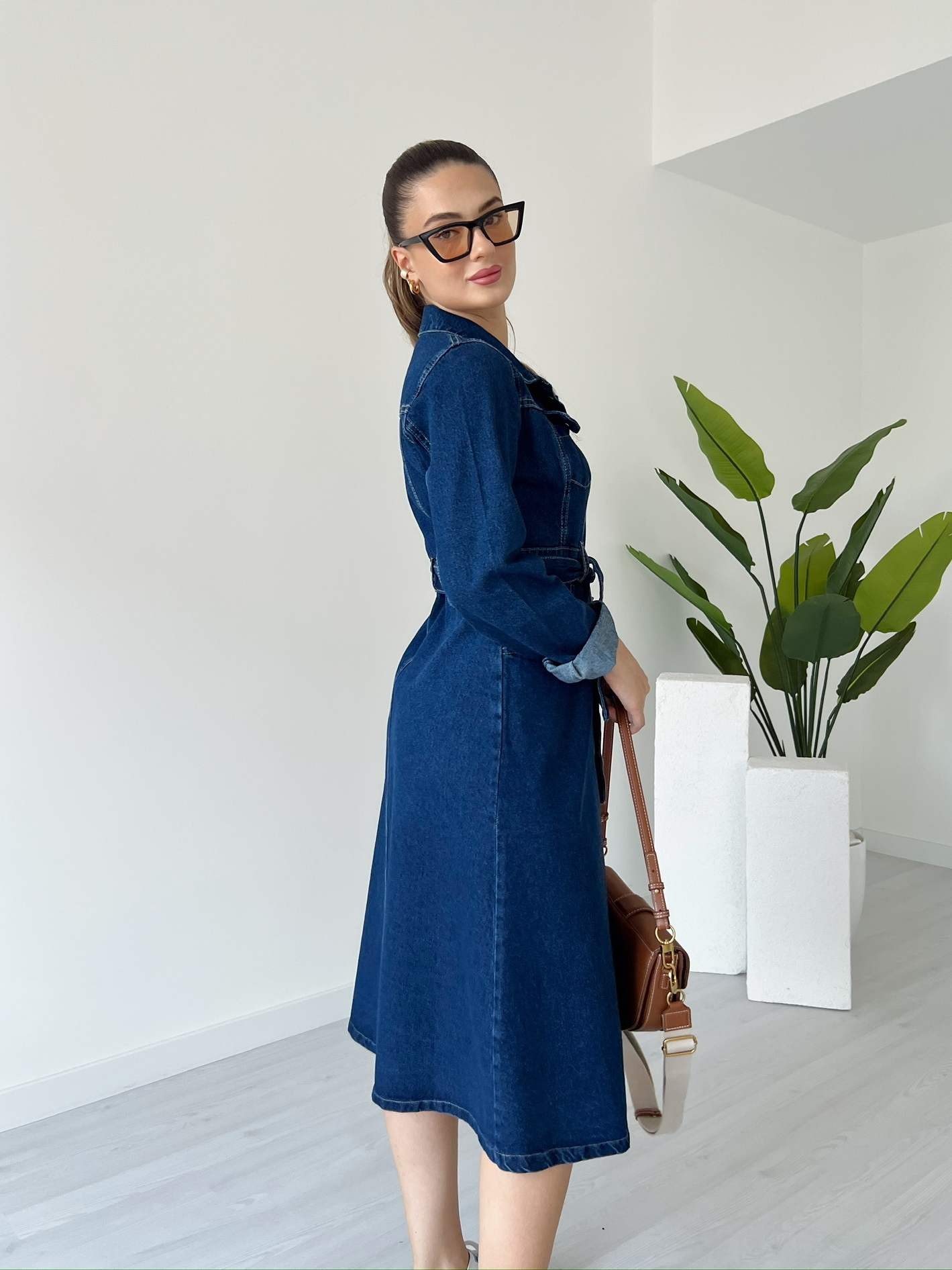Uzun Kol Kuşaklı Denim Elbise
