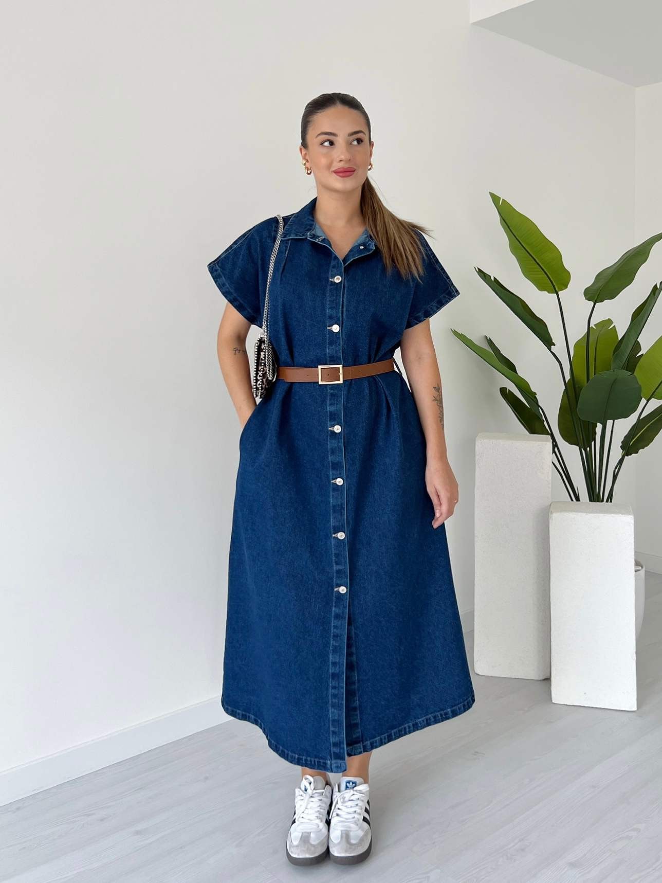 Düşük Kol Kemerli Denim Elbise - Koyu Mavi