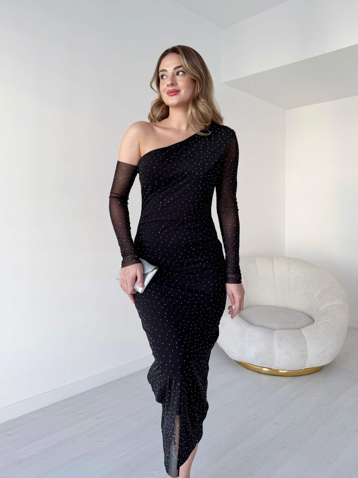 Tek Omuz Işıltılı Tül Elbise