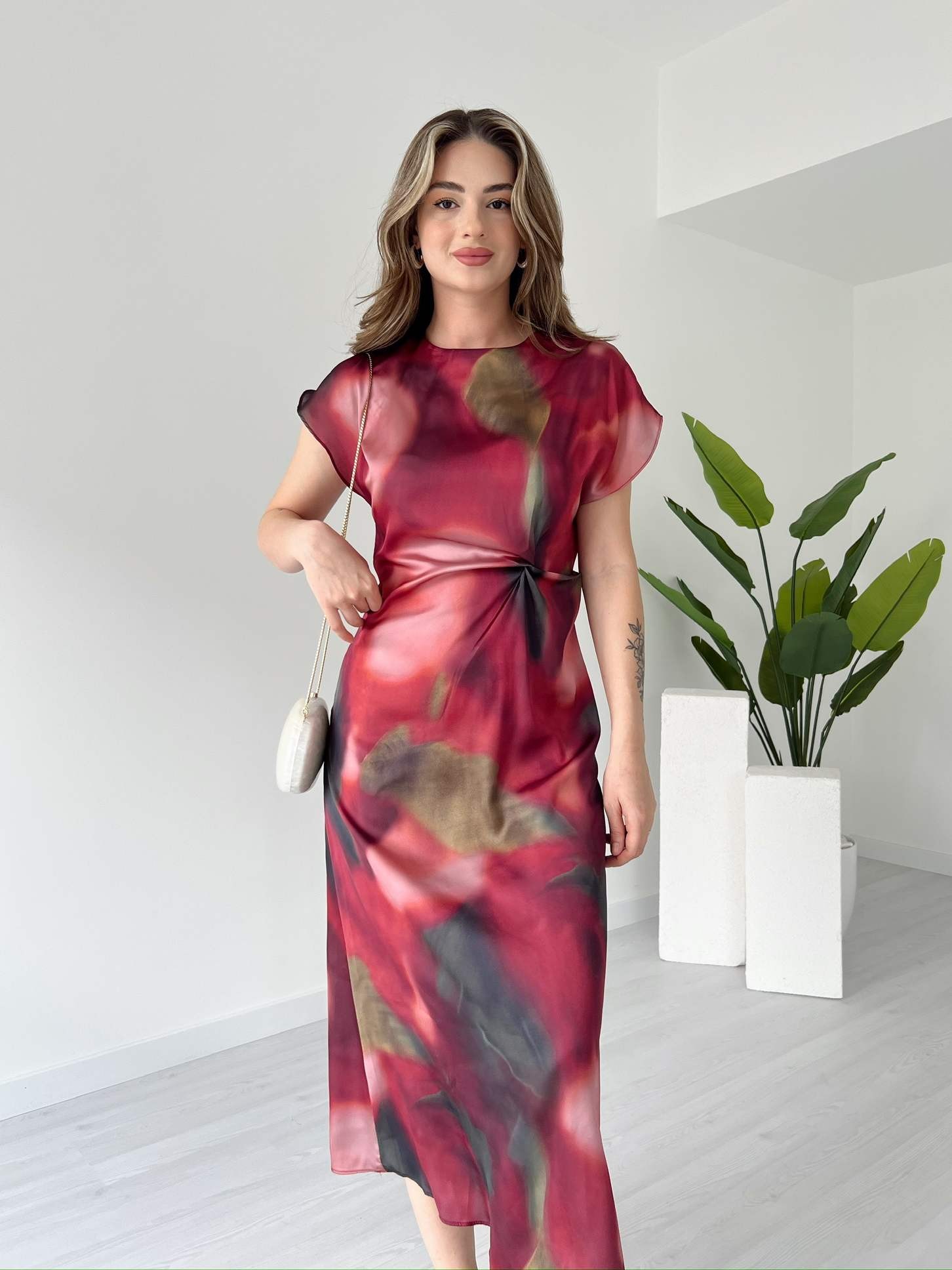 Batik Desen Saten Elbise - Bordo