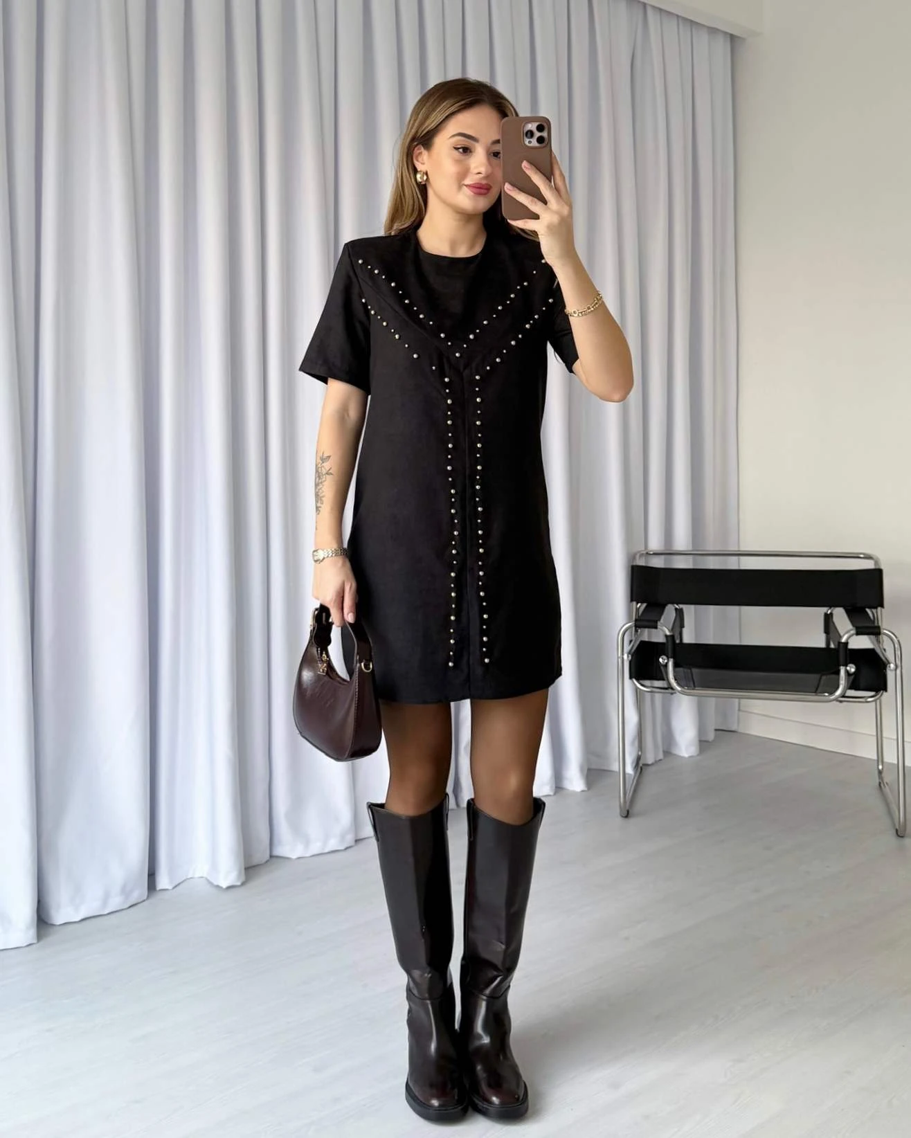 ZR Model Zımba Detaylı Süet Elbise