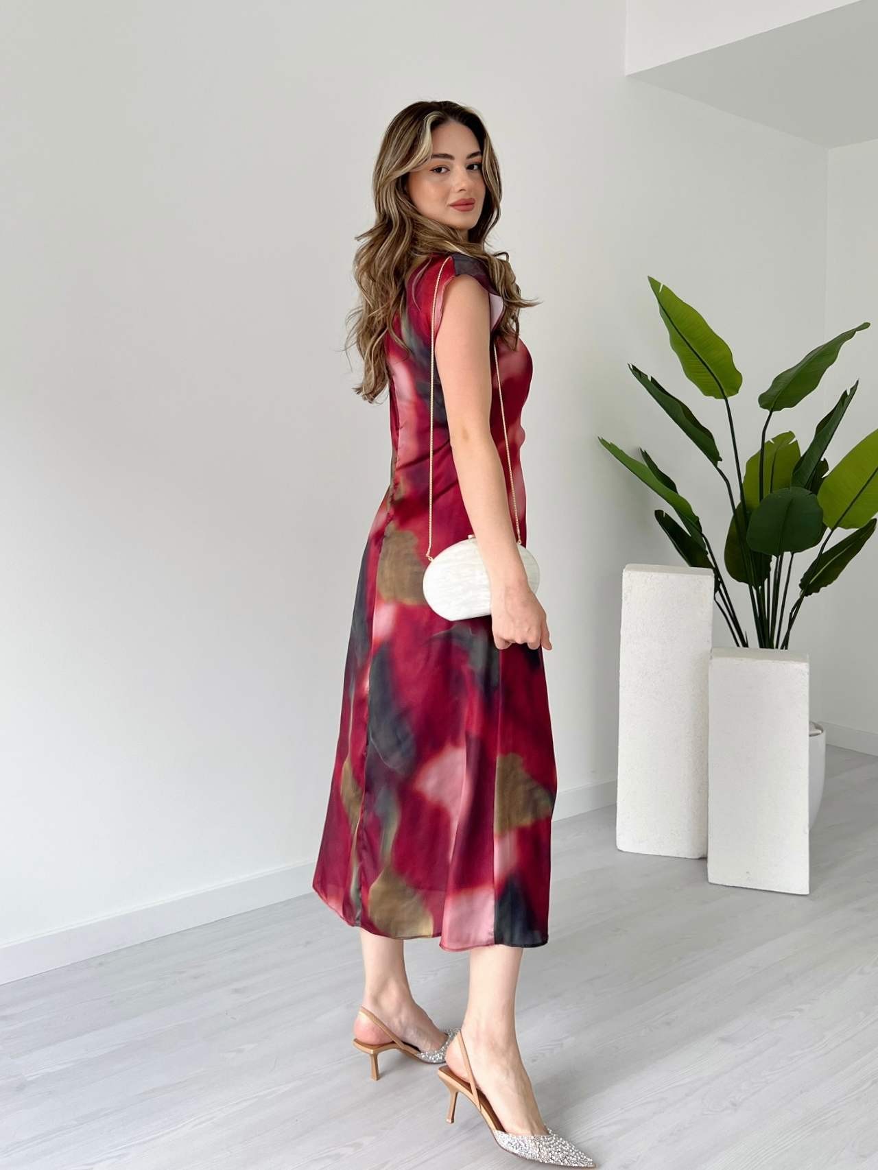 Batik Desen Saten Elbise - Bordo
