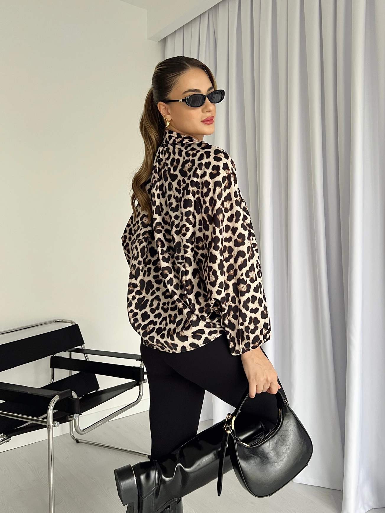 Leopar Desenli Saten Bomber Ceket