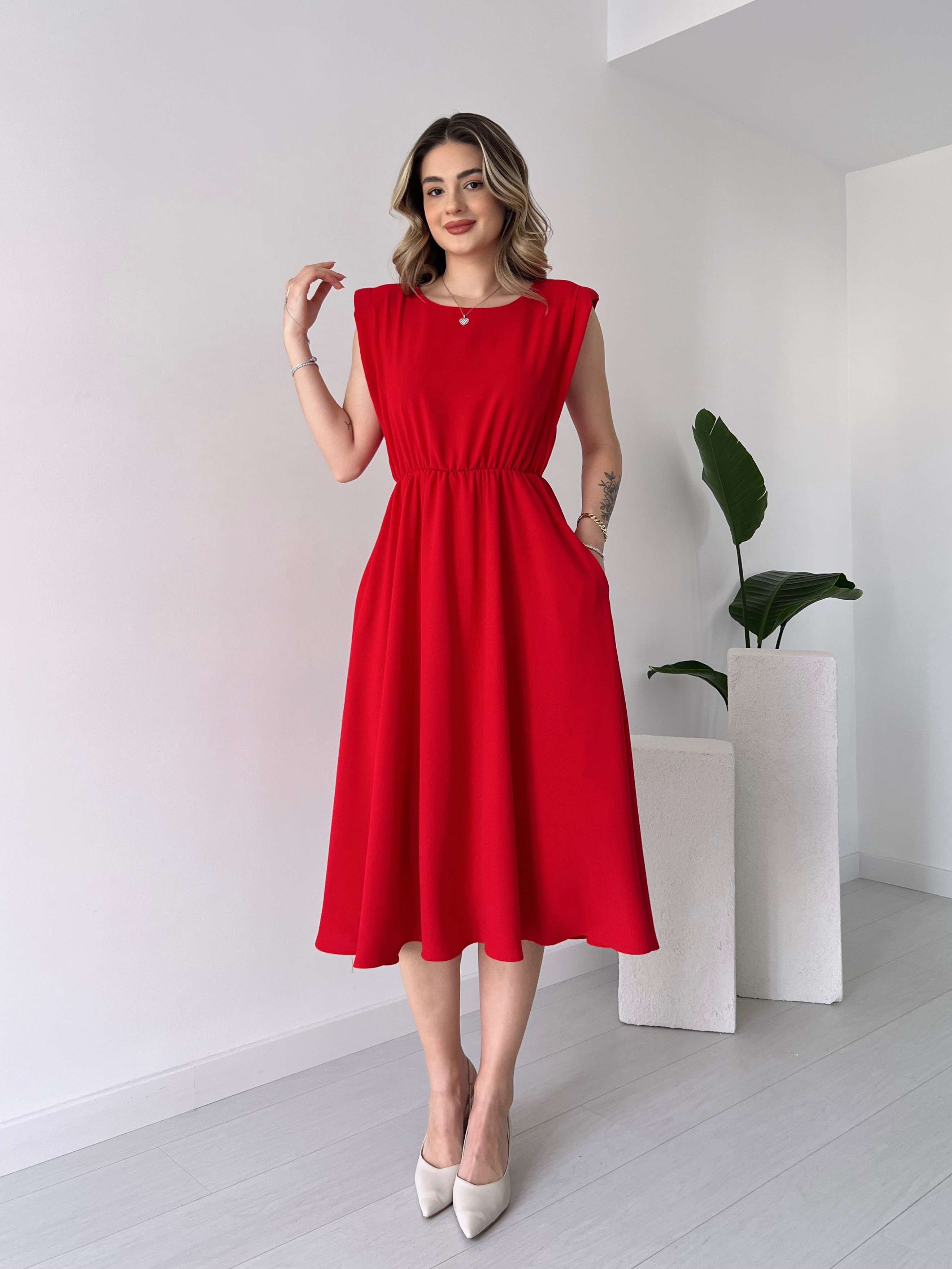Omuz Vatkalı NAOMI Elbise - Kırmızı