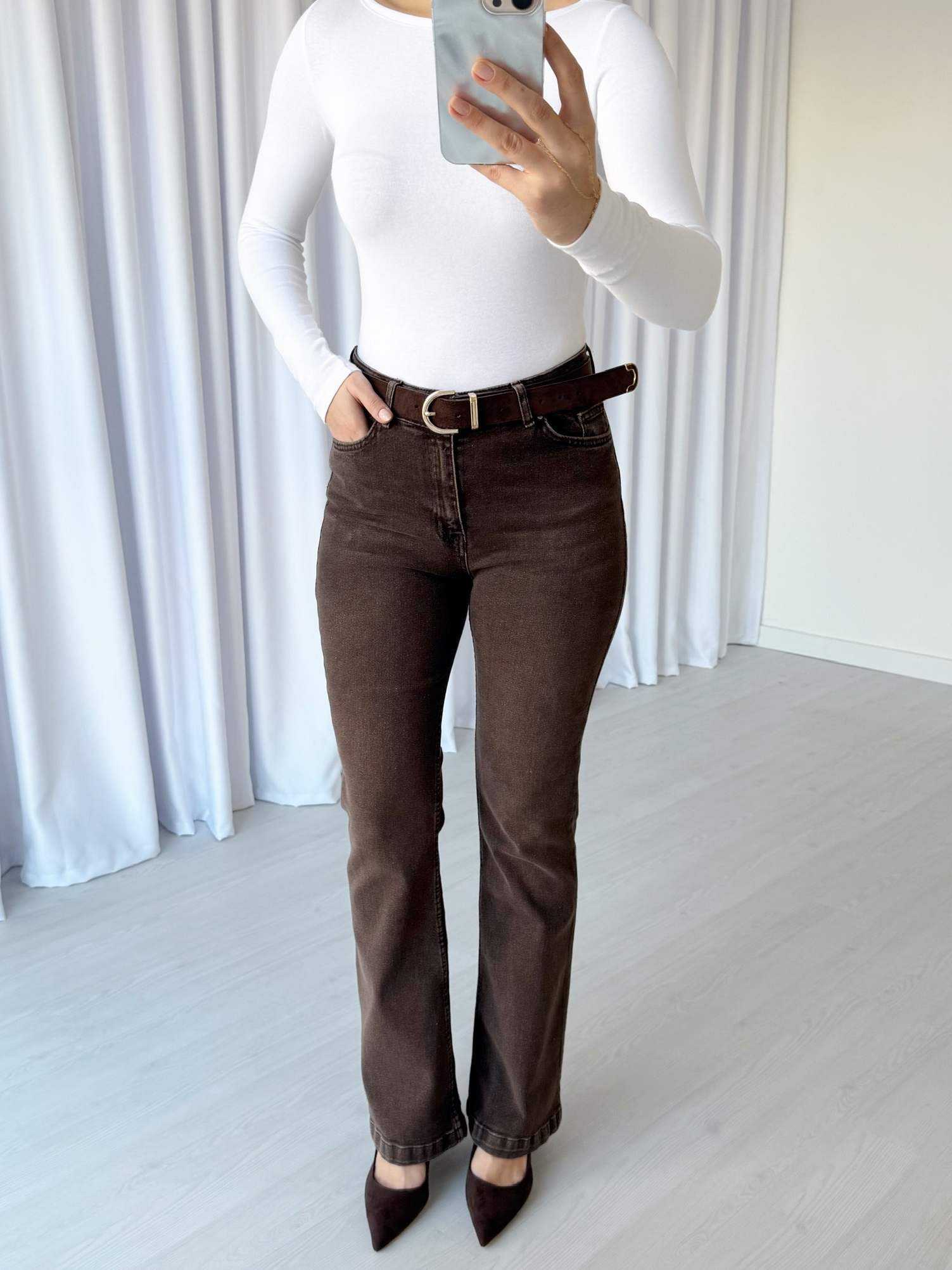 Likralı İspanyol Paça Jean - Soluk Kahve