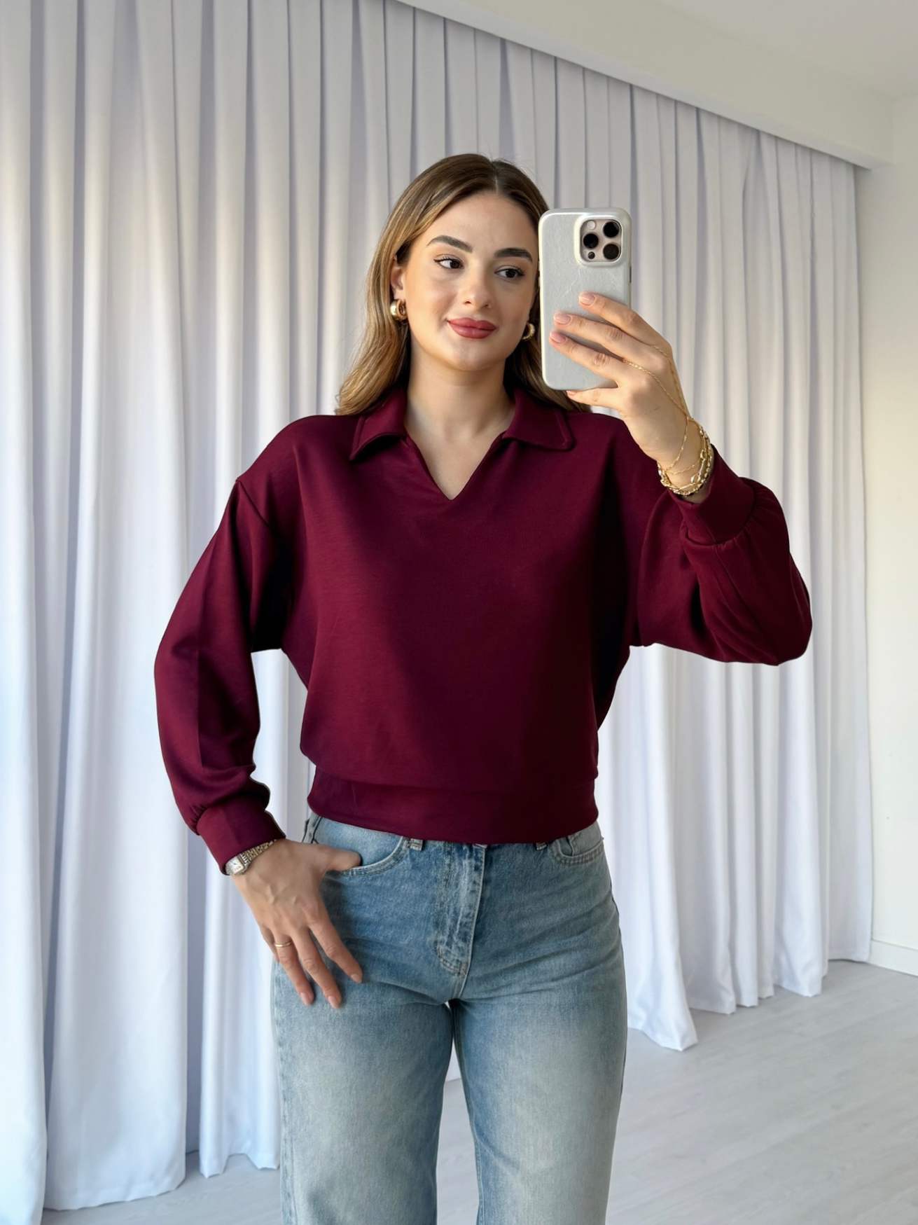 Modal Kumaş Yakalı Bluz - Bordo