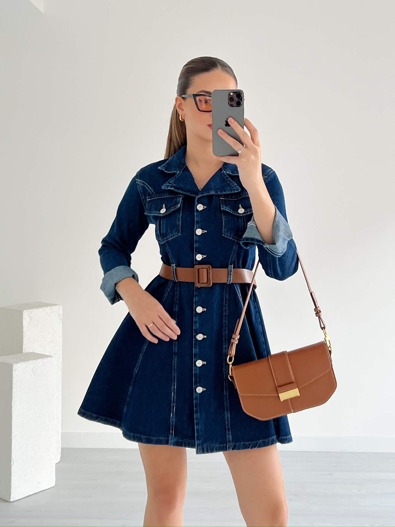 Uzun Kollu Eteği Kloş Denim Elbise - Koyu Mavi