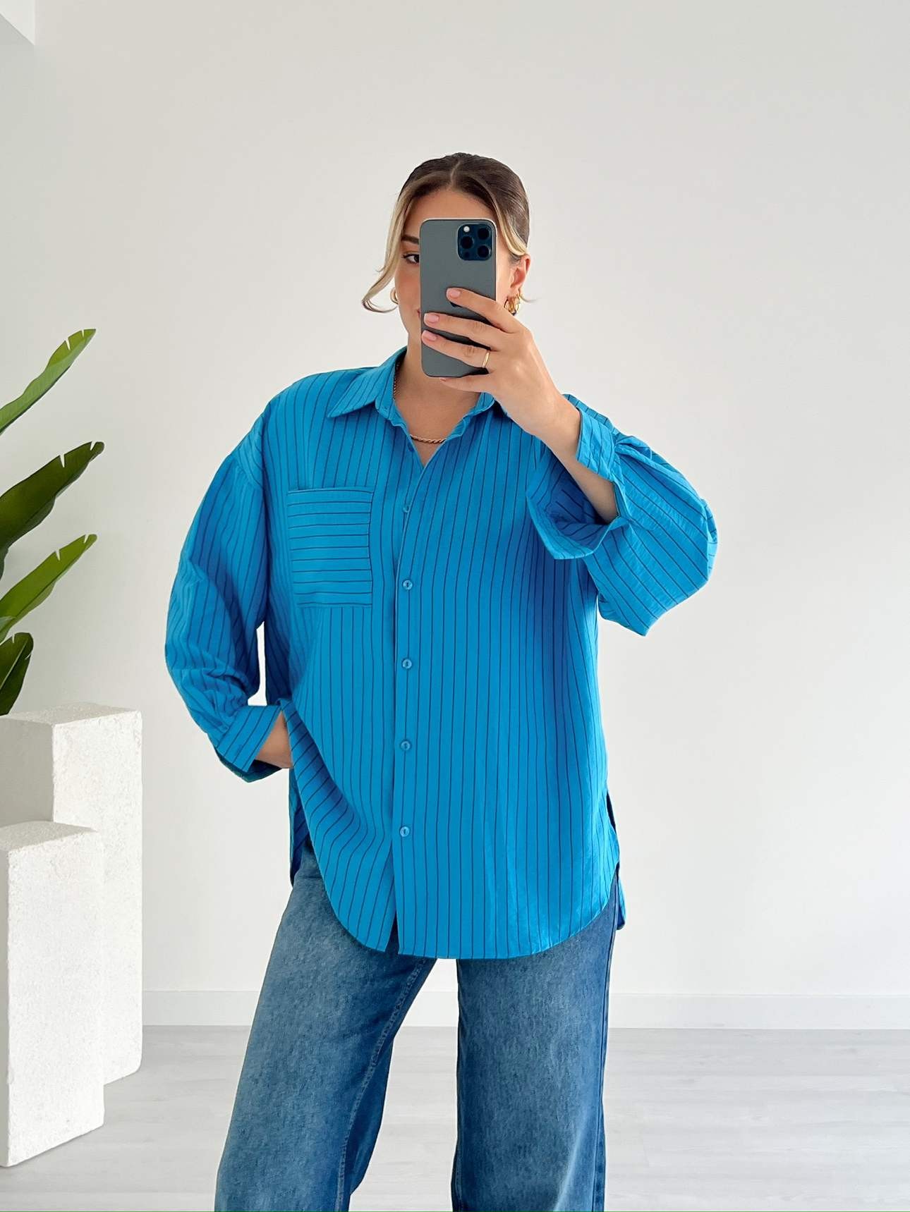 Tek Cepli Çizgili Oversize Gömlek