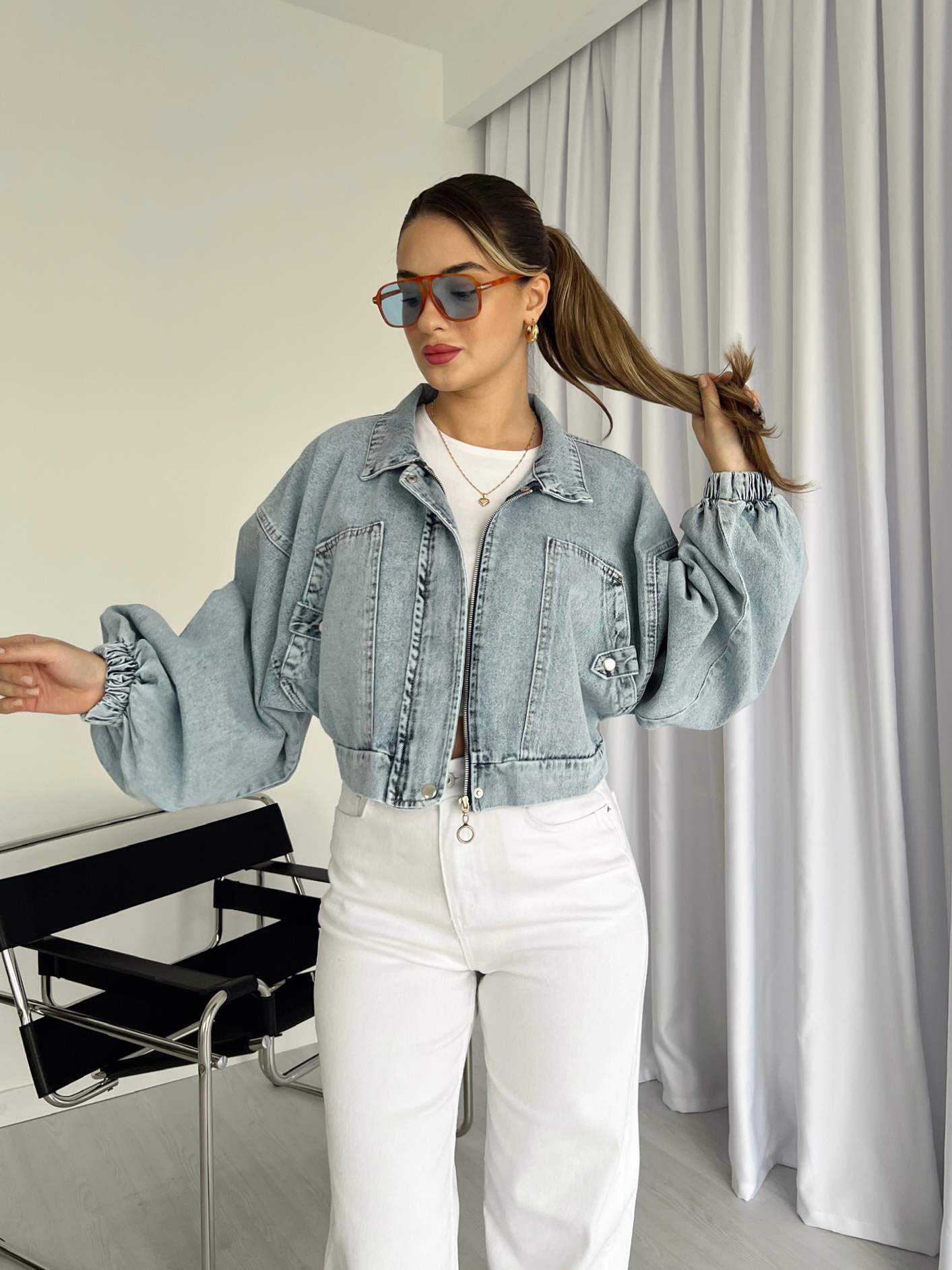 Balon Kol Crop Denim Mont