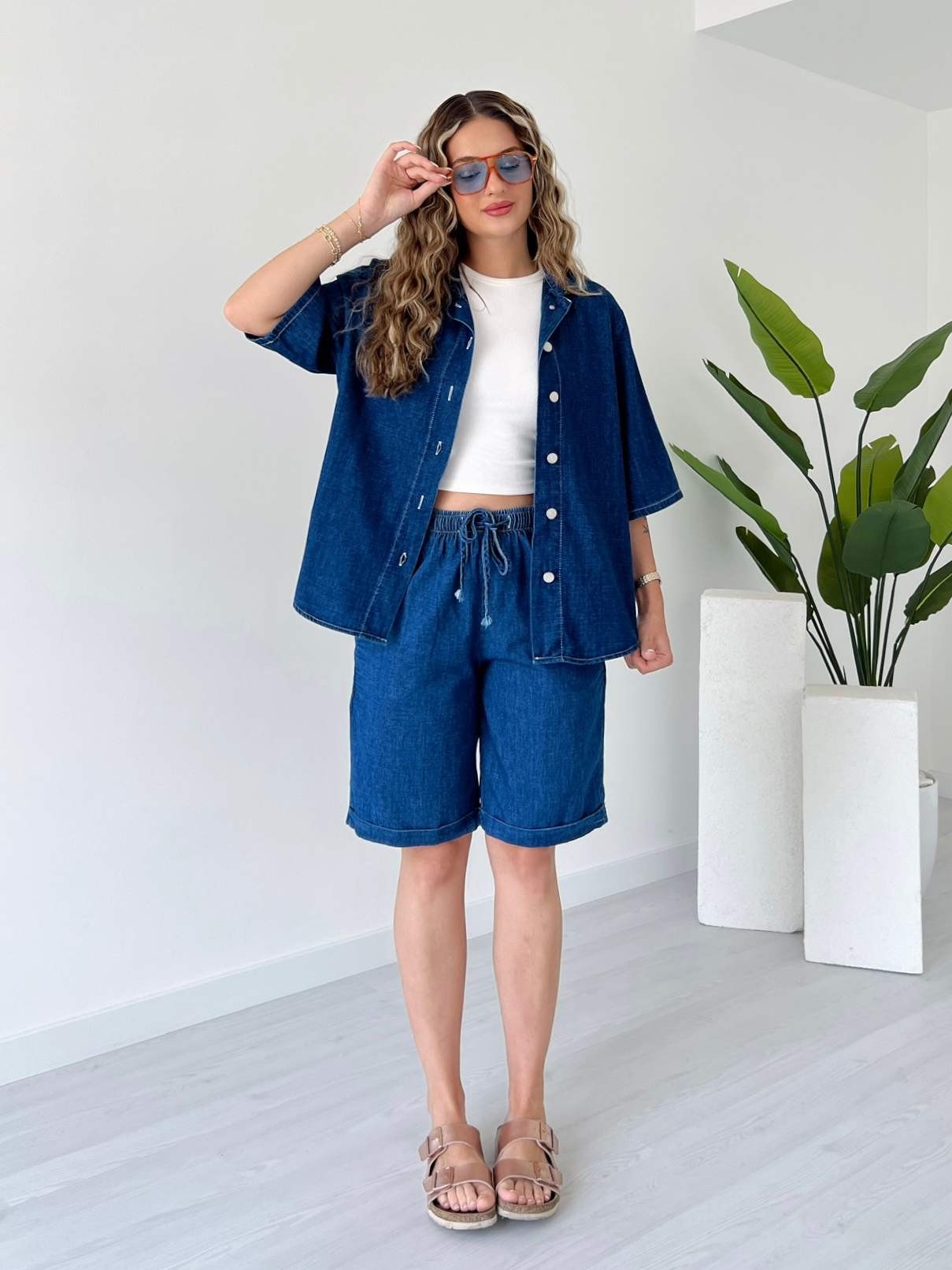 Şortlu Denim Takım - Mavi
