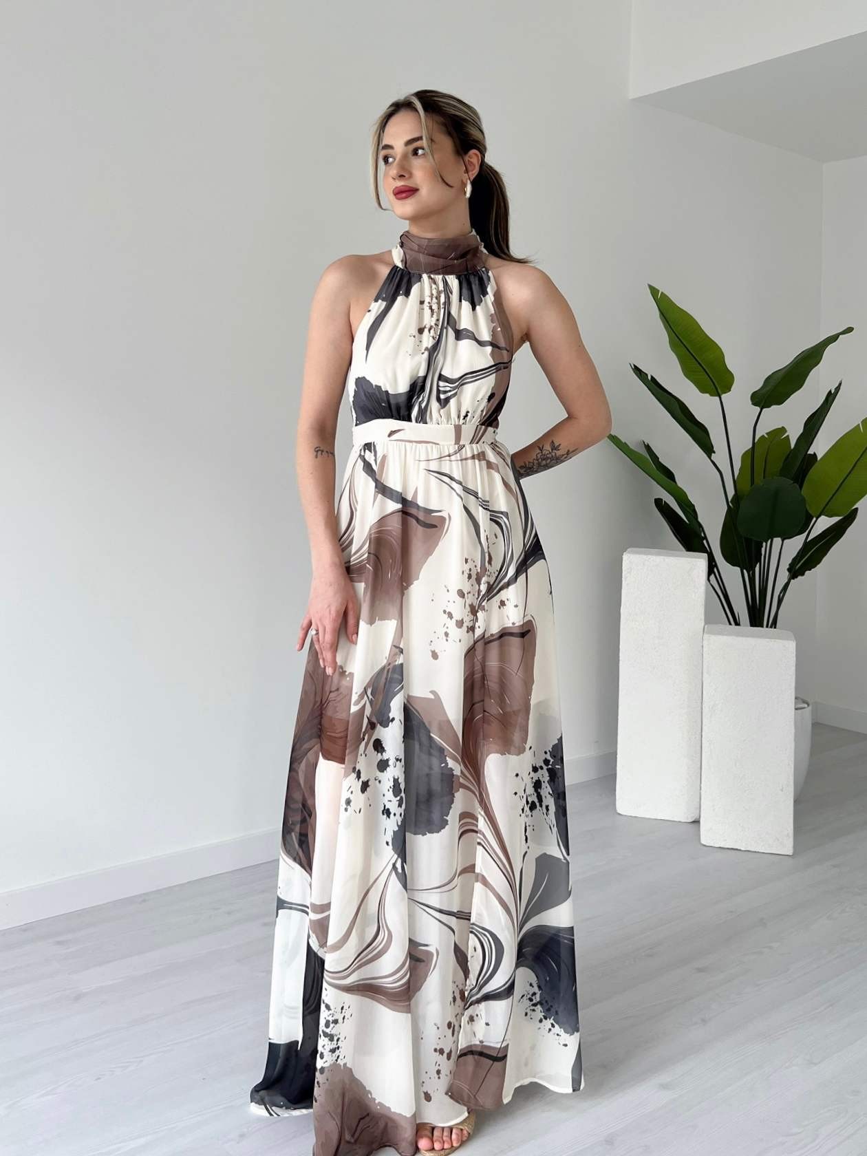 Halter Yaka Desenli ISABELLE Elbise