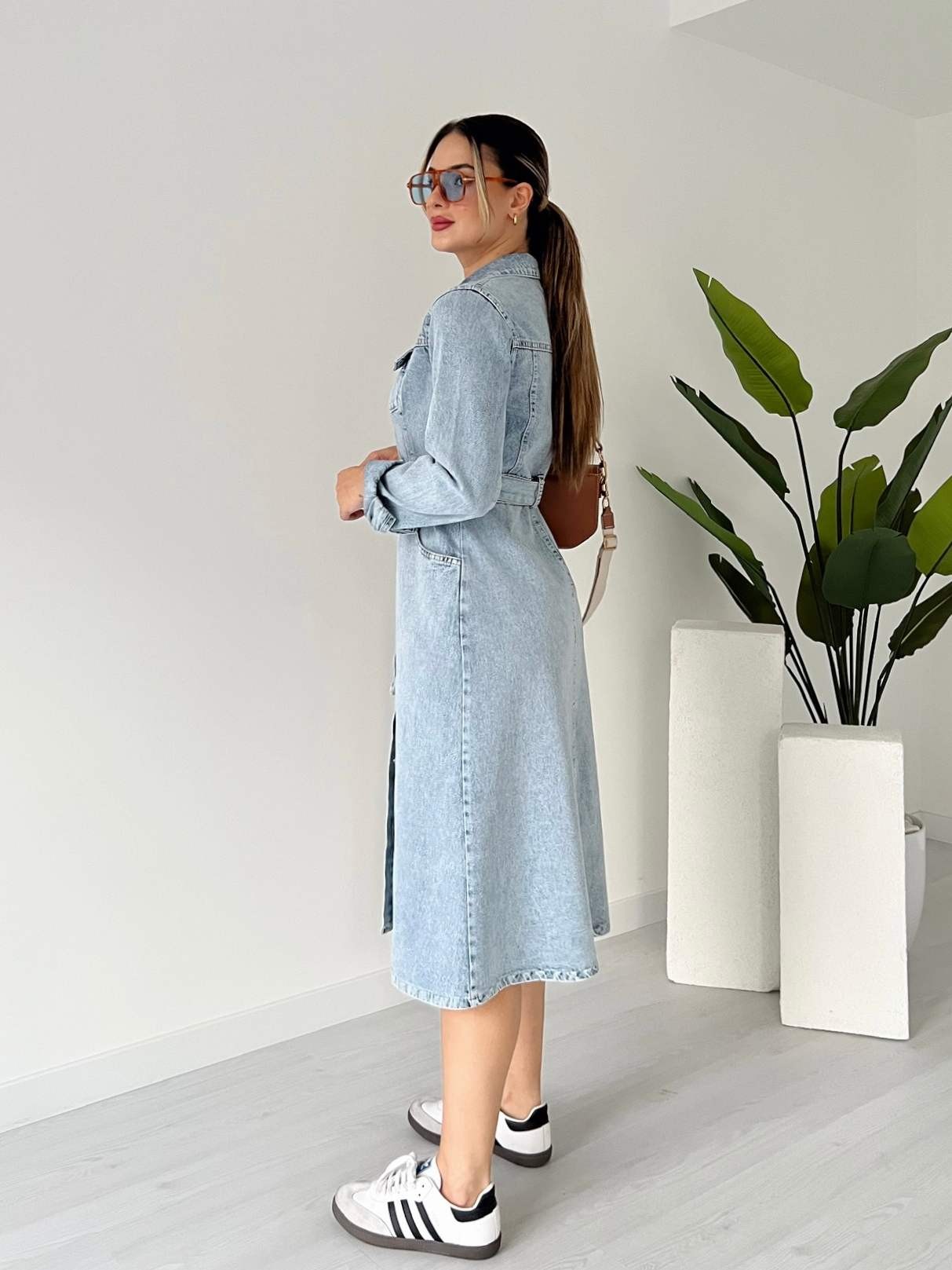 Uzun Kol Kuşaklı Denim Elbise